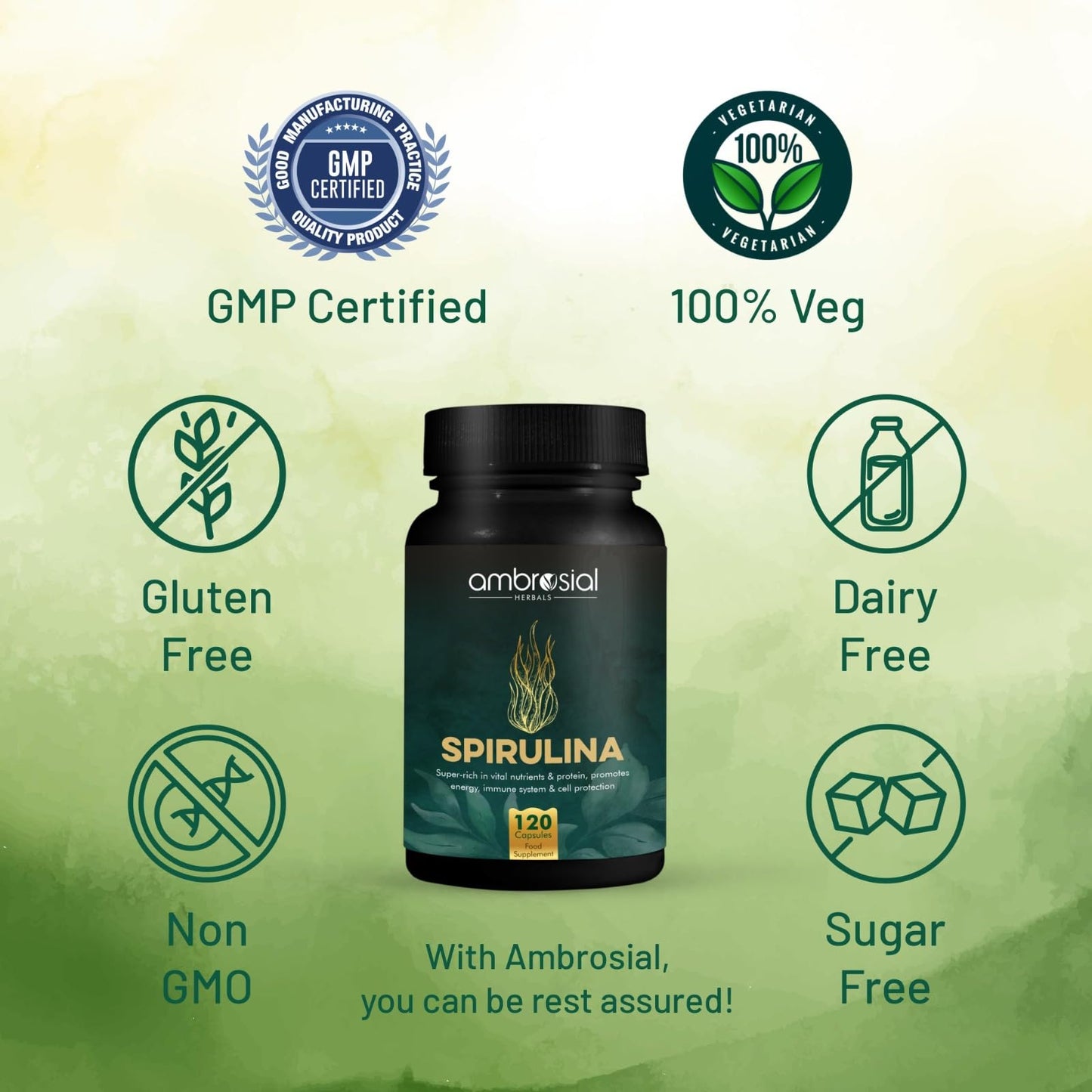 AMBROSIAL Ambrosial Spirulina Capsules | Highly Dosed- 500 mg | Certified Spirulina Tablets| No Additives & 100% Vegan | Rich Source of Protein, Vitamins & Minerals (Pack of 1-120 Capsules)