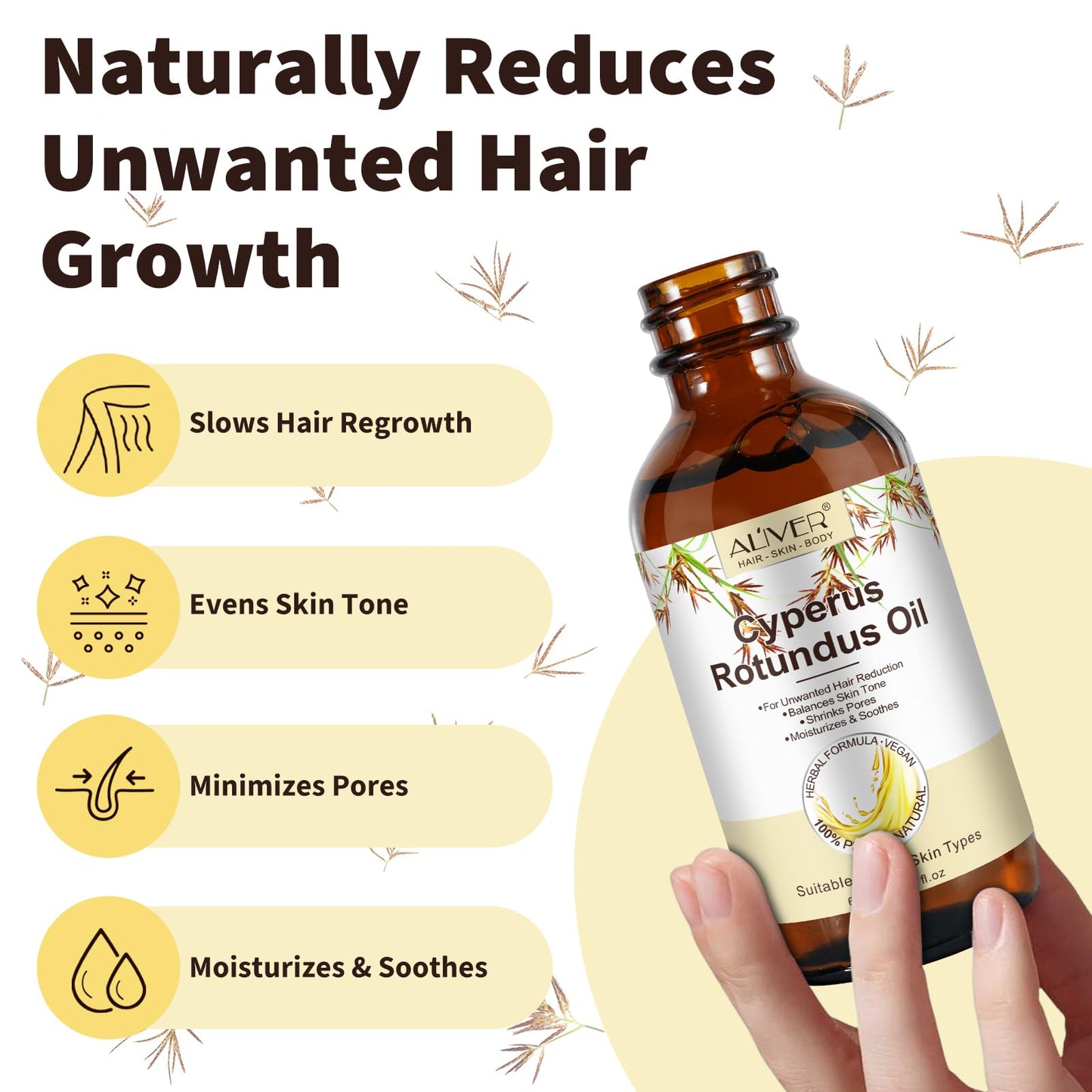 Generic Cyperus Rotundus Oil For Hair Removal, Cyperus Oil 100% Pure Natural, Effective Shrinks Pores, Anti-Hair Growth, Suitable For Hair Removal On The Body And Face 60ml