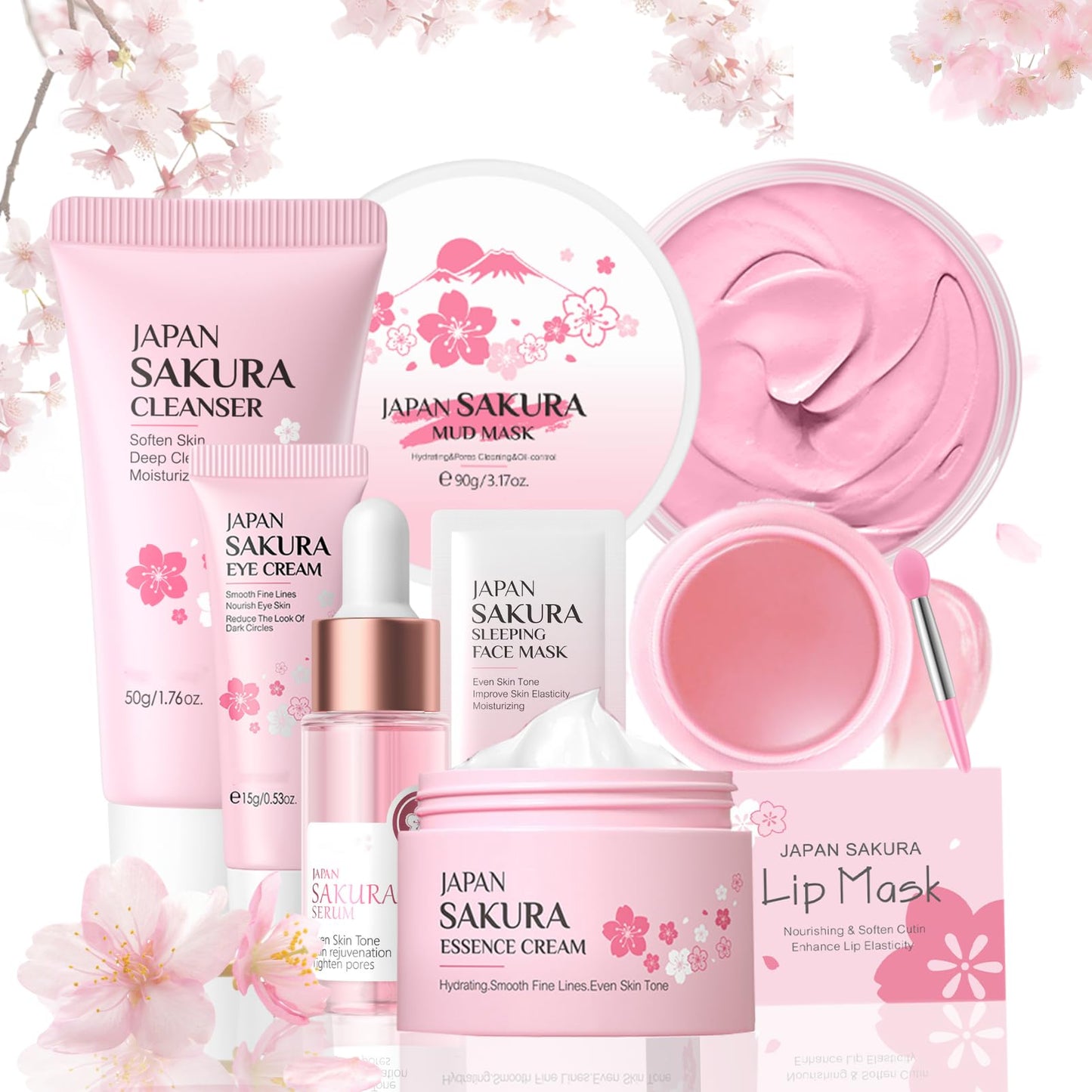 ISBEAUSOLS Sakura Skin Care Sets & Kits - Skin Care Gift Set for Teenage Girls - Facial Kits for Women Gifts - Face Care Sets Cleanser, Serum, Cream,Eye Cream,Lip Mask,Mud Mask,Sleeping Mask