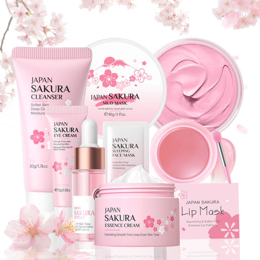 ISBEAUSOLS Sakura Skin Care Sets & Kits - Skin Care Gift Set for Teenage Girls - Facial Kits for Women Gifts - Face Care Sets Cleanser, Serum, Cream,Eye Cream,Lip Mask,Mud Mask,Sleeping Mask
