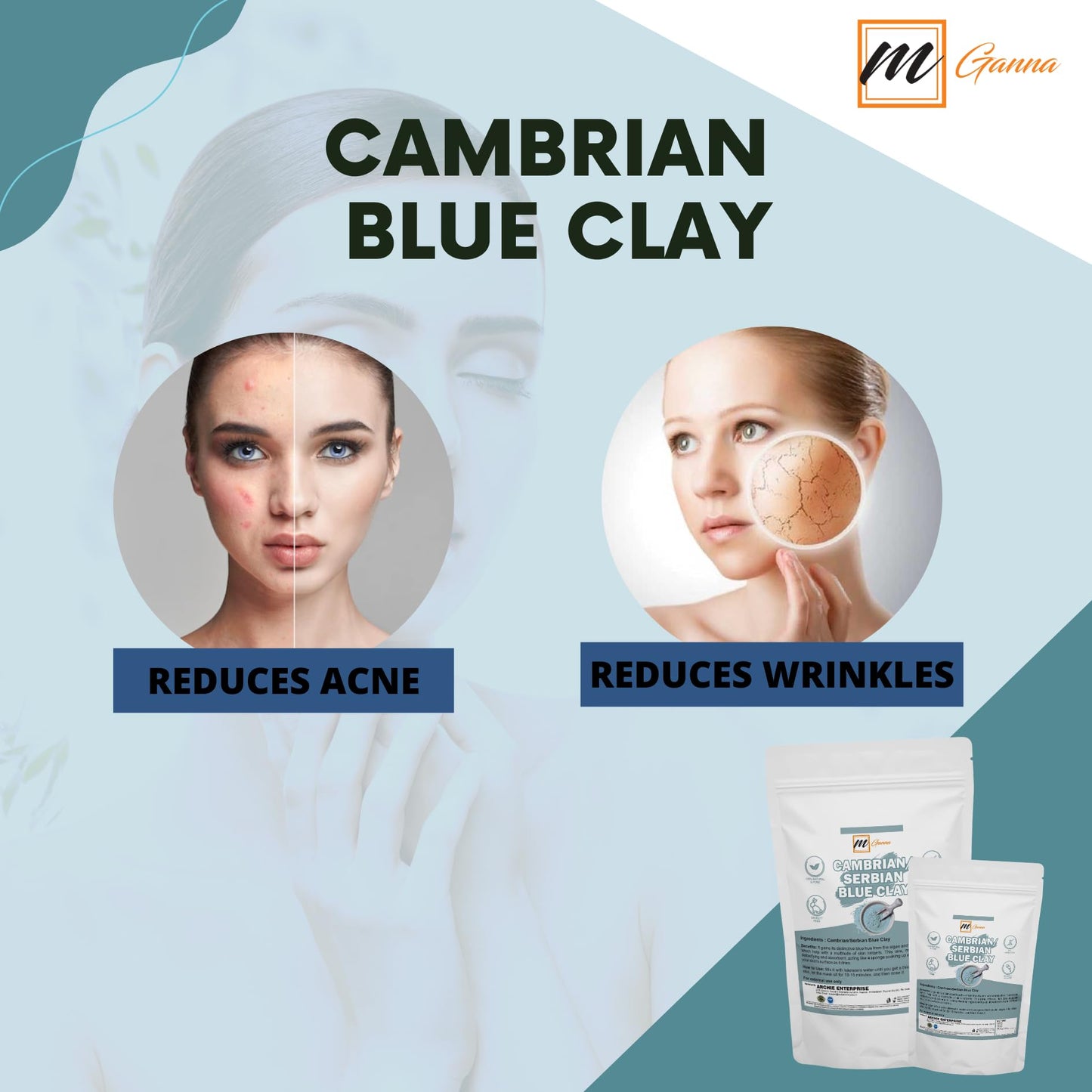 mGanna 100% Natural Cambrian/Serbian Blue Clay for Facial Masks, Creams, Body Wraps, Soft Peels, Scrubs, and Soap Making 100 GMS 0.22 LBS