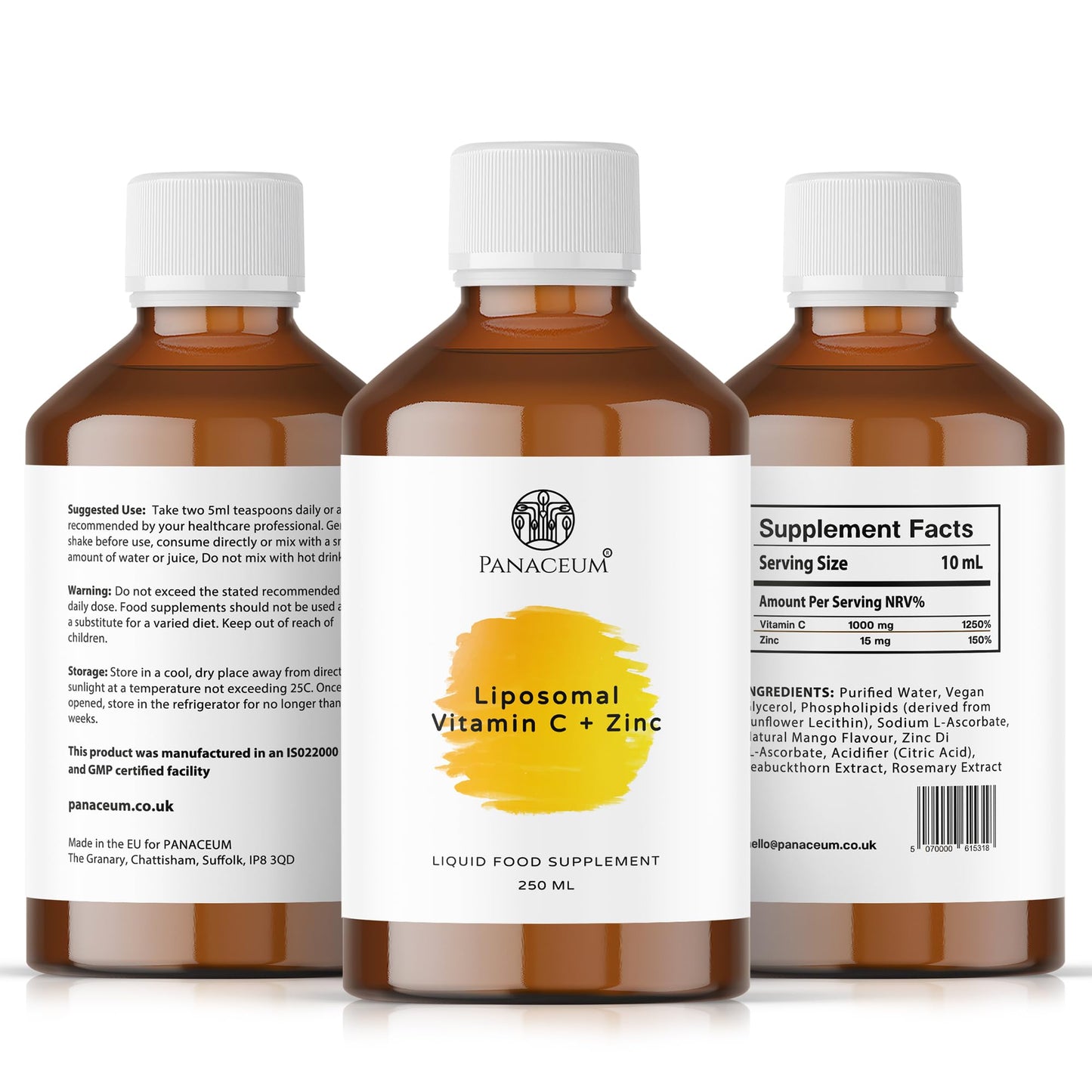 Panaceum Pure Liposomal Vitamin C & Zinc | 250ml Liquid Antioxidant Immune Booster | Liver Skin Iron Absorption Support | Increase Energy | Reduce Tiredness Vegan Gluten Soy Alkohol Free | UK Brand