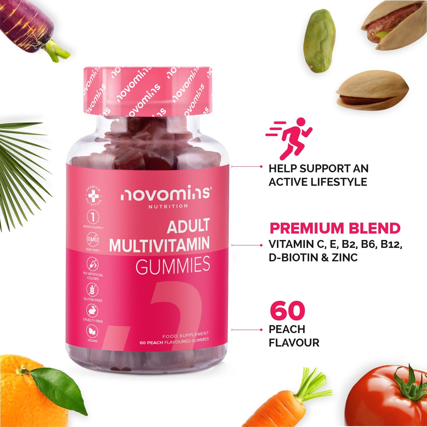 Multivitamin Gummies - 17 Essential Multi Vitamins – Chewable Gummy Vitamins - 1 Month Supply - Vegan – Peach - for Women & Men – Multivitamin Gummies by Novomins