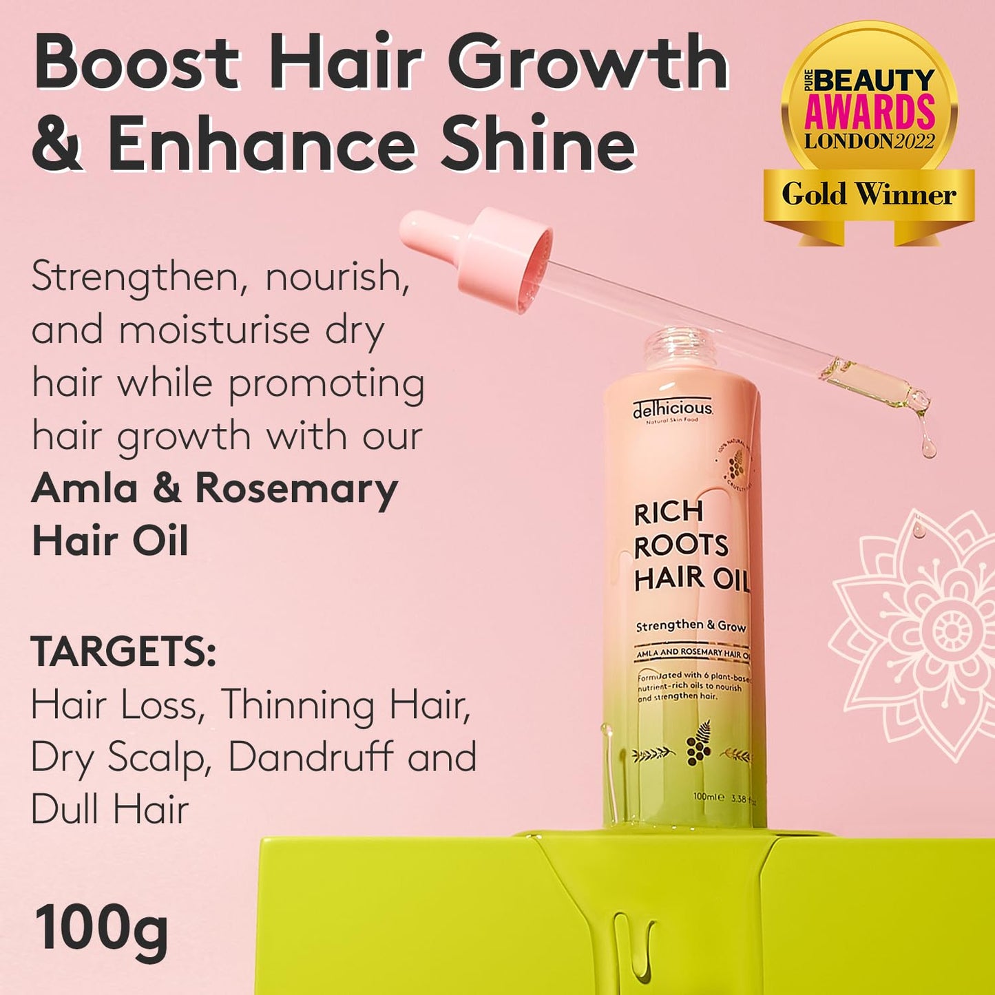 Delhicious Amla Oil & Rosemary Oil for Hair Growth - Rich Roots Hair Loss Treatment for Thinning Hair - Nourishes Dry Scalp, Brightens Dull Hair - Natural, Vegan, Ayurveda - 100ml
