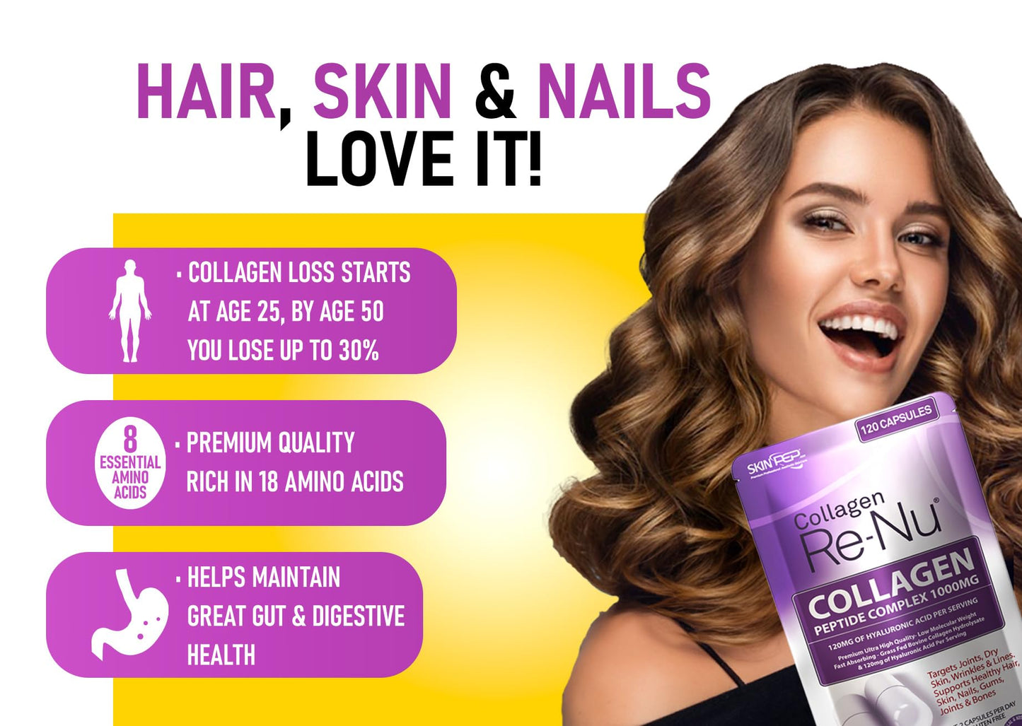 Collagen Peptide 180 Capsules 1000mg, with Hyaluronic Acid (Not Collagen Powder) - 1 Month Supply - Premium Halal Double Hydrolysed Type 1&3 Collagen Supplements for Women & Men - by SkinPep