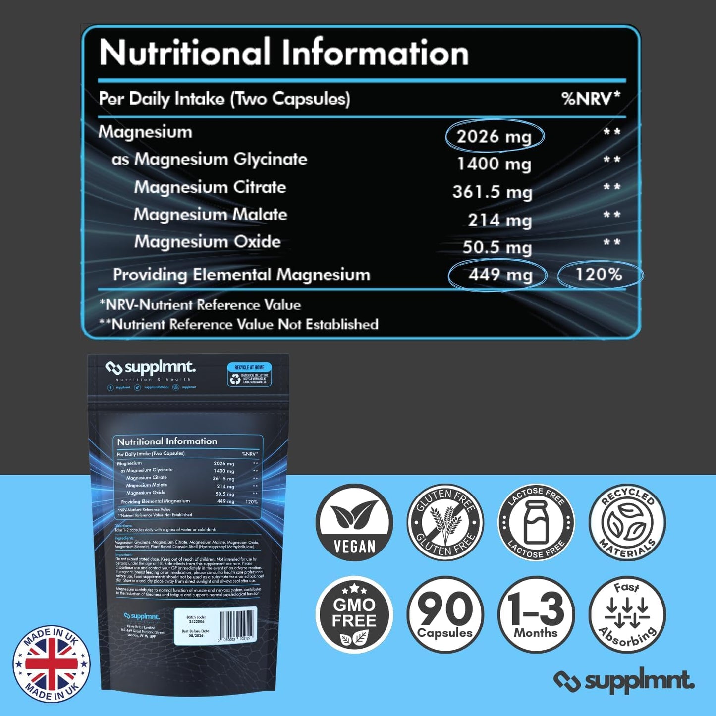 supplmnt. Supplmnt. Magnesium Glycinate 4-in-1 Complex - 2026mg Supplements as Bisglycinate, Citrate, Malate & Oxide 270 Vegan Capsules, Triple High Absorption 449mg Elemental, UK Made