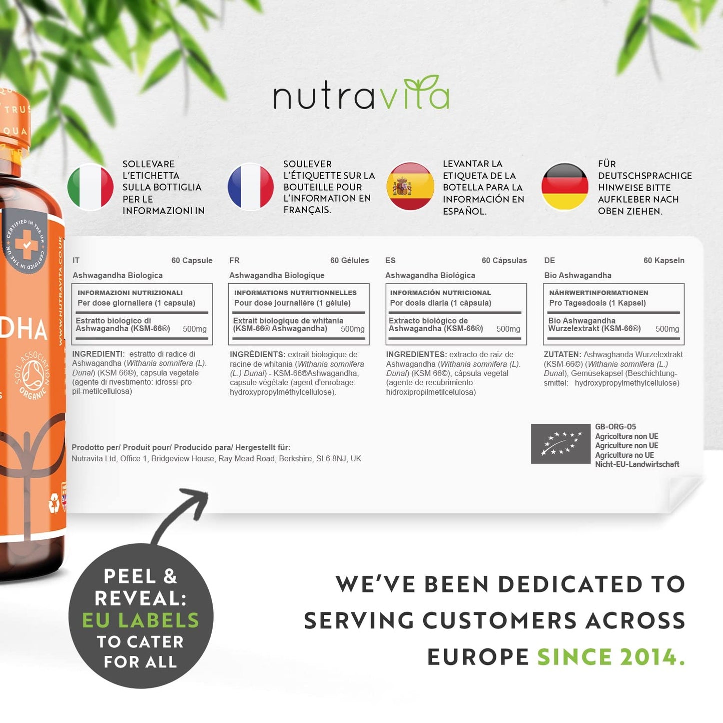 Organic Ashwagandha KSM-66® with 5% Withanolides - Vegan Friendly with The Highest Concentration Most Bioavailable Full-Spectrum Root Powder For Immune Support - Made in The UK by Nutravita