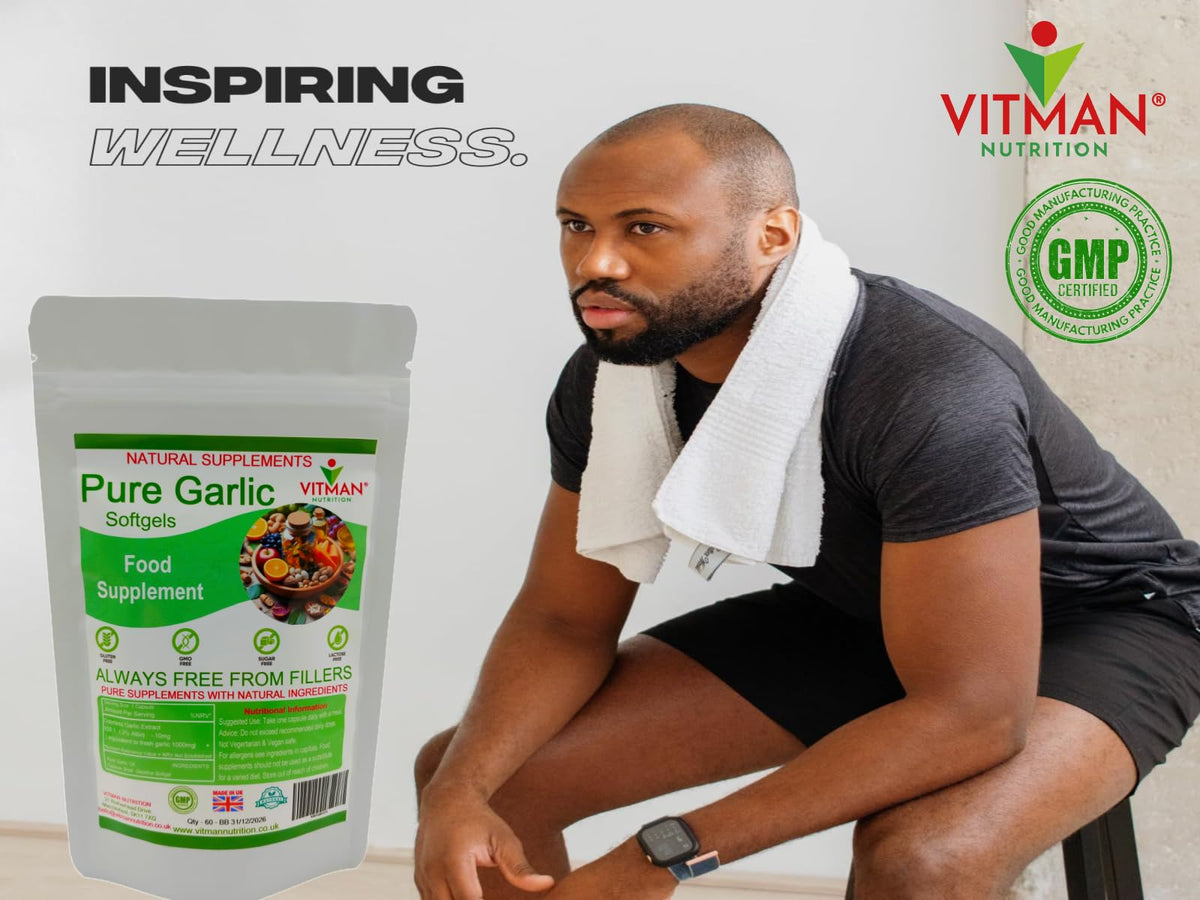 VitMan Nutrition Pure Garlic Softgels, High Strength 1000mg, Odourless, 60 Capsules, Gluten Free