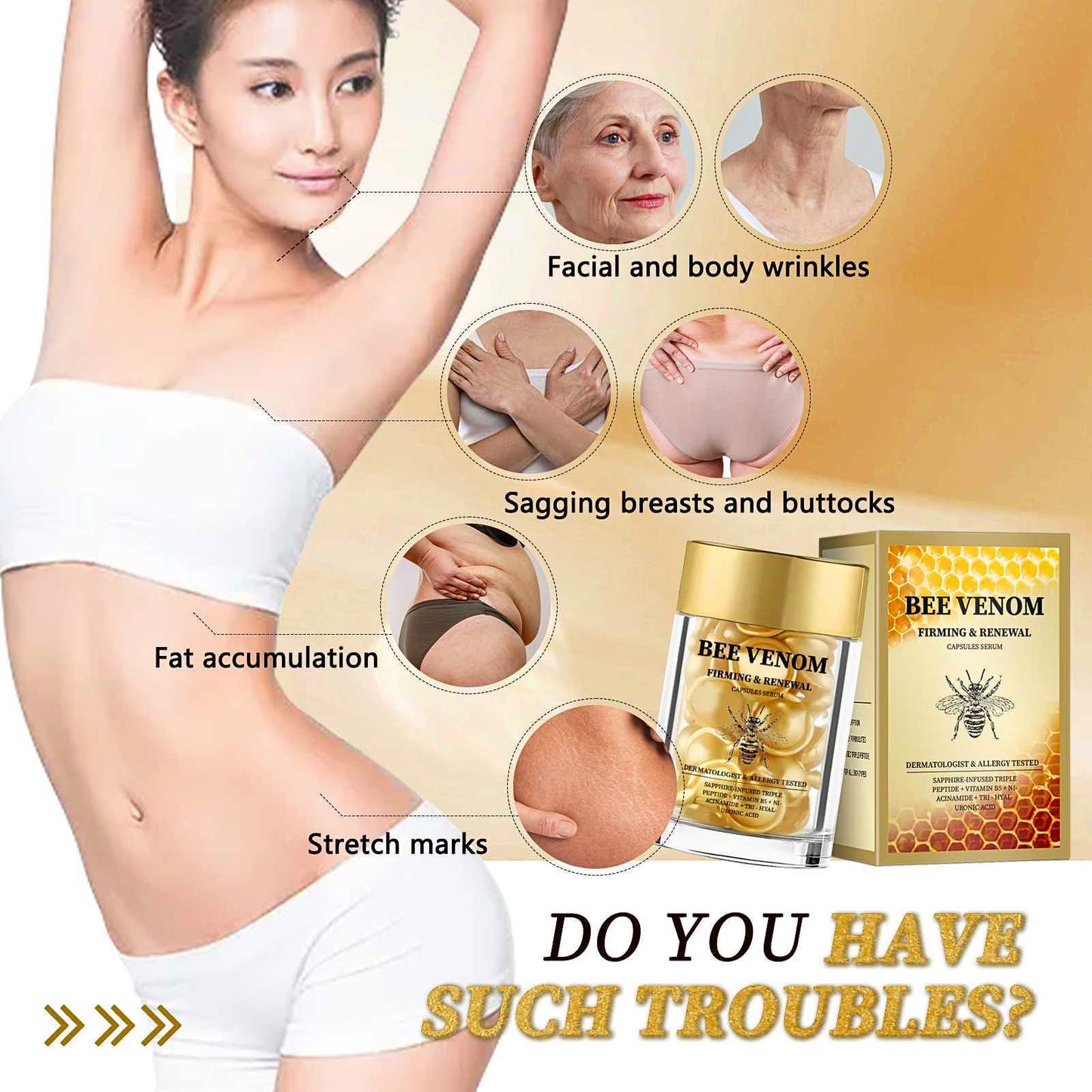IZBEAUVO Bee Venom Firming & Renewal Capsule, Bee Venom Firming Serum, Anti Aging Serum for Women, Day and Night Serum Capsules, Natural Vegan Formula for Wrinkles, Sagging Skin & Stretch Marks