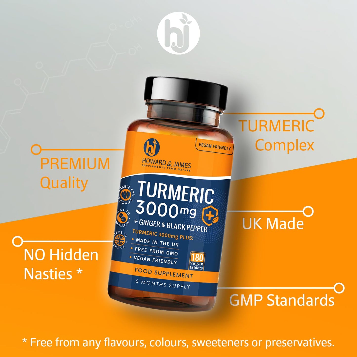 Turmeric 3000mg High Strength Supplement with Black Pepper and Ginger - 180 Vegan Tablets (Not Capsules) - Turmeric with Active Ingredient Curcumin - Made in The UK by Howard & James