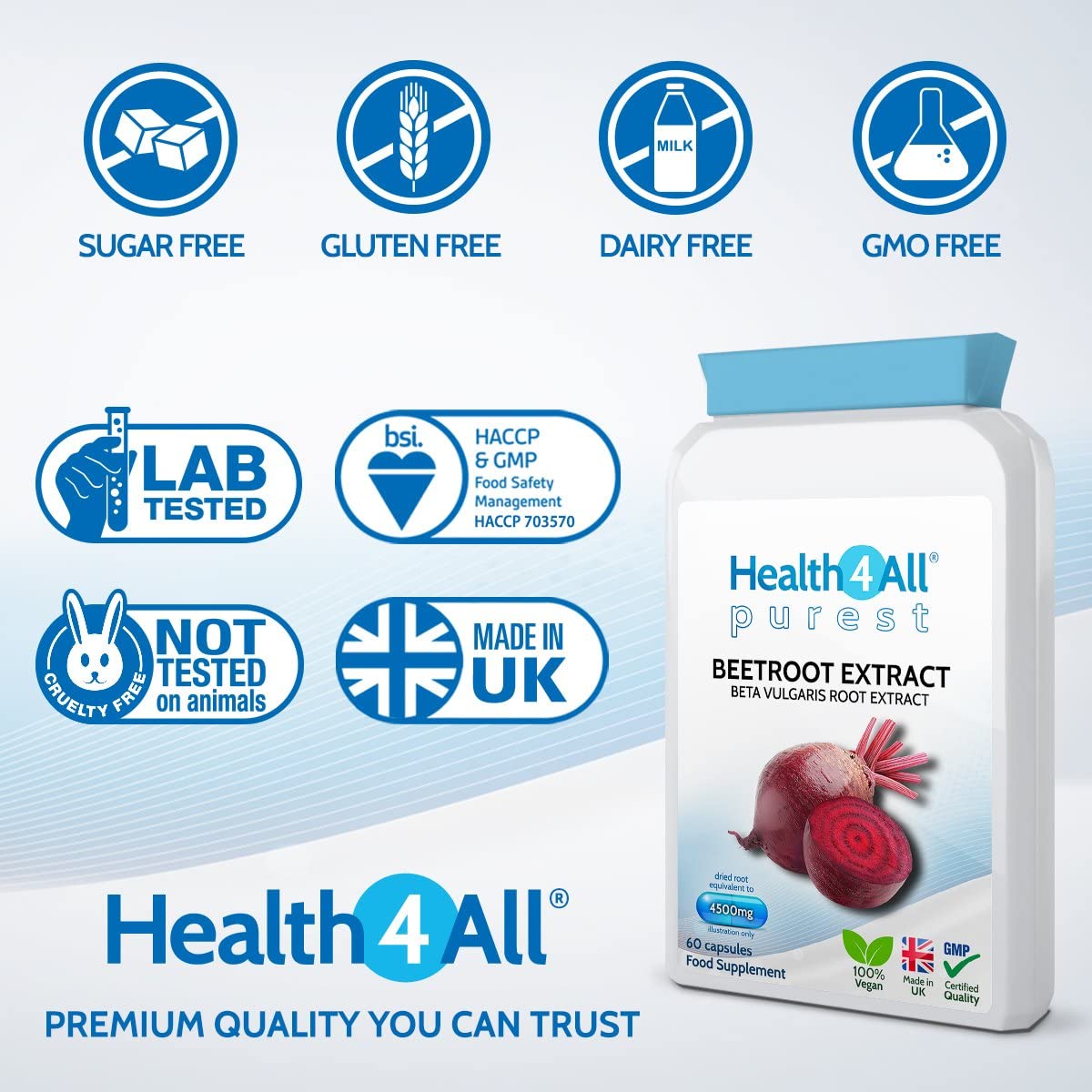 Beetroot Extract 4500mg 60 Capsules (V). (not Tablets) Purest: no additives Vegan Supplement standardised to nitrates Contents. Made in The UK by Health4All