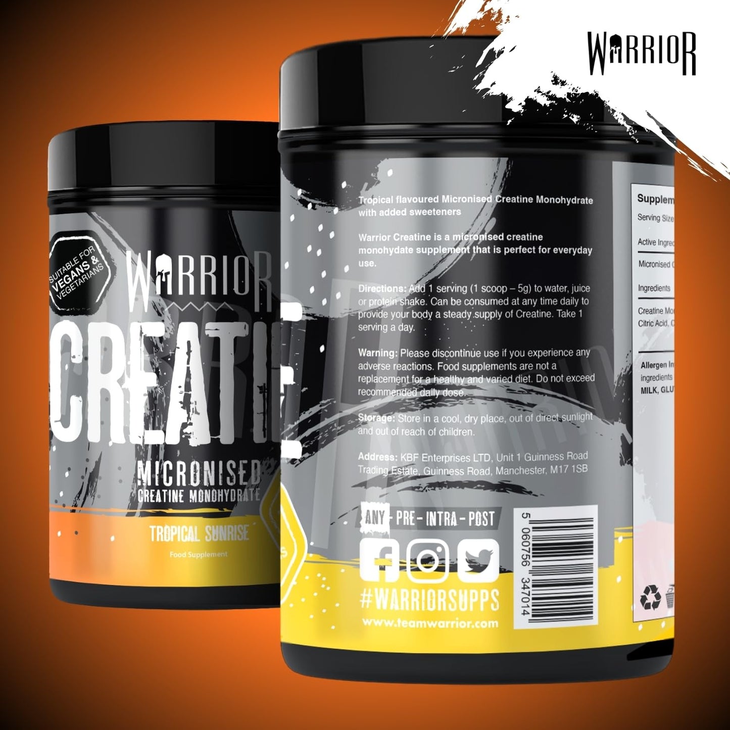 Warrior Creatine Monohydrate Powder – Micronised for Easy Mixing and Consumption – 100% Pure Creatine – Proven to Improve Physical Performance & Recovery, 5g Servings (Tropical Sunrise, 500g)