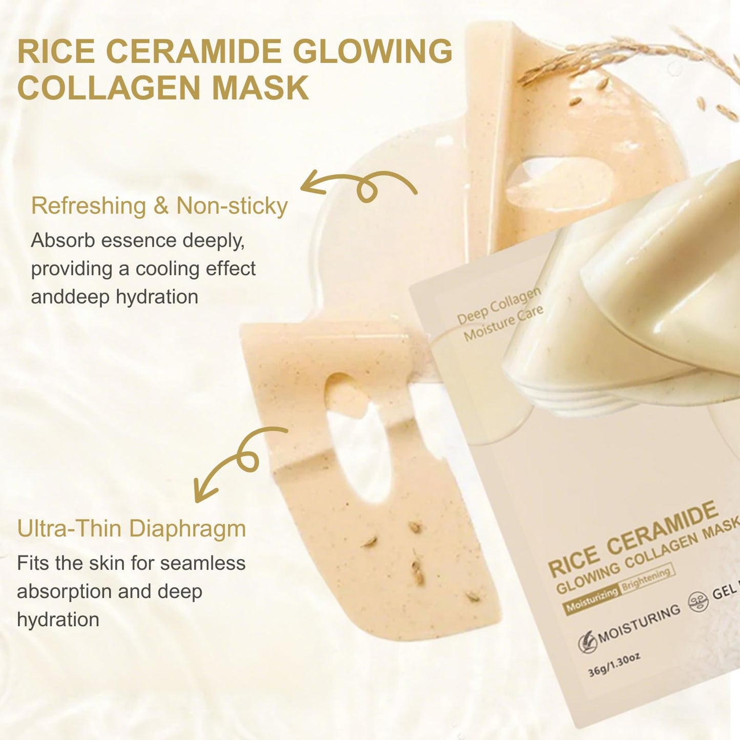 Trendyfave 4Pcs Rice Sheet Mask, Collagen Face Mask, Overnight Mask for Face Glow with Collagen Extract & Ceramide, Korean Skincare for Brightening, Hydrating & Anti-Aging, Moisturising Skin Barrier Repair