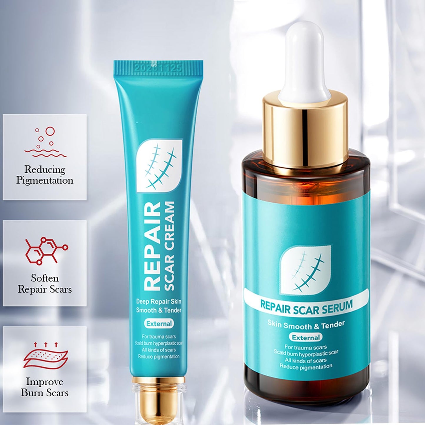 ewku Scar Removal Set with Repair Scar Cream & Serum, Stretch Mark Removal Cream for Old and New Marks, Acne Scar Treatment for Body, Trauma Scars, Scald, Hyperpigmentation & All Types of Scars