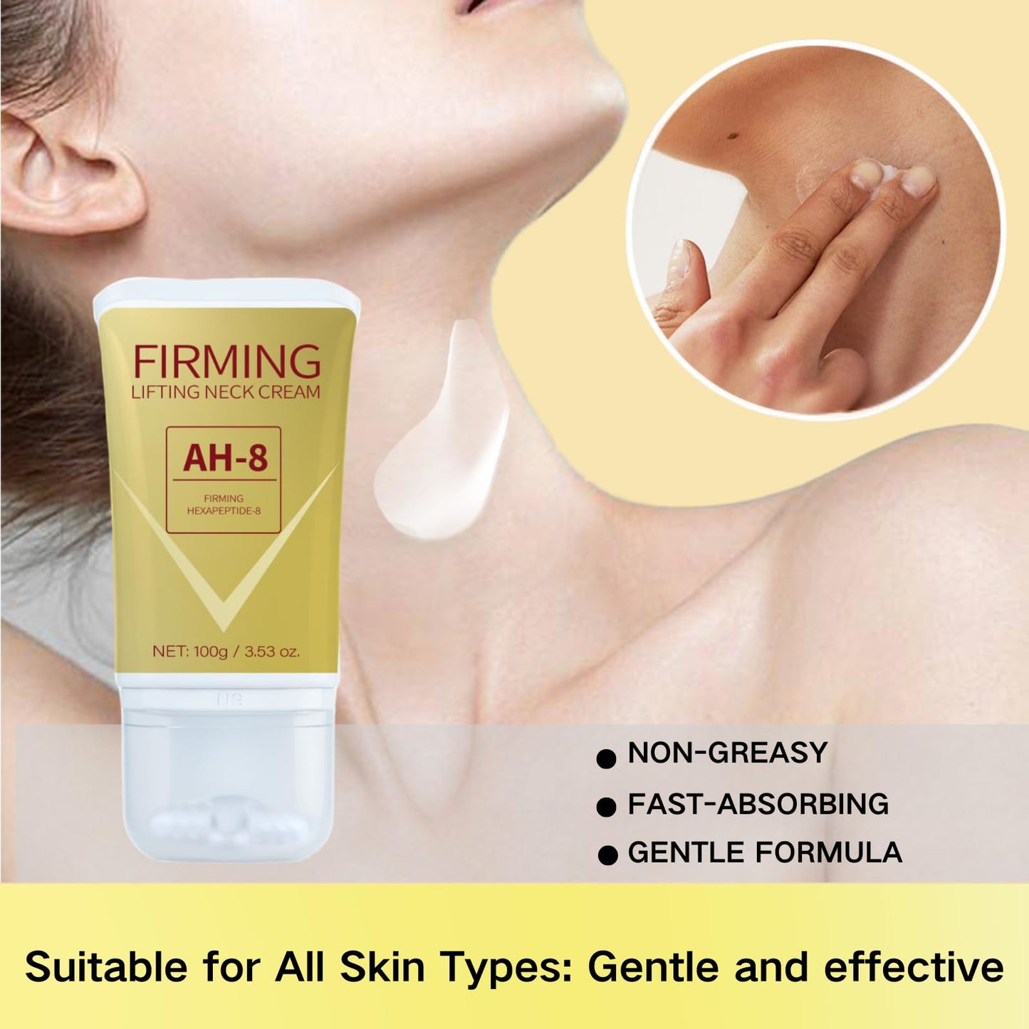 AH-8 Firming Neck Cream, Neck Firming Cream with Double Massage Roller, Tighten and Lift Neck Cream for Sagging Skin, Double Chin Reducer, Fade Fine Lines & Anti-Wrinkle, Moisturizing