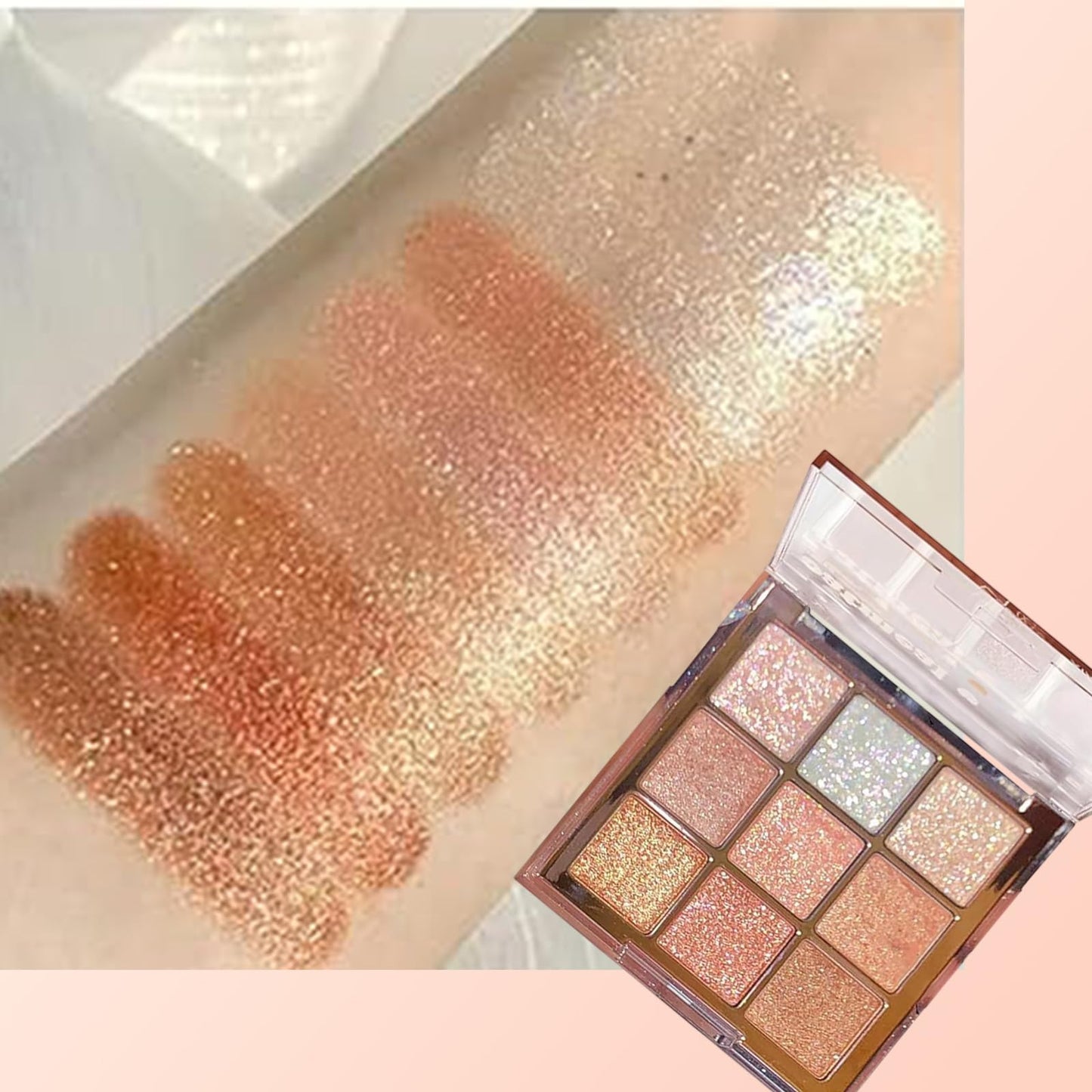 Generic Glitter Eyeshadow Palette – 9-Color Shimmer Eye Makeup in Pink, White & Gold, Highly Pigmented Waterproof Long-Lasting Korean Style Eye Shadow with Brushes
