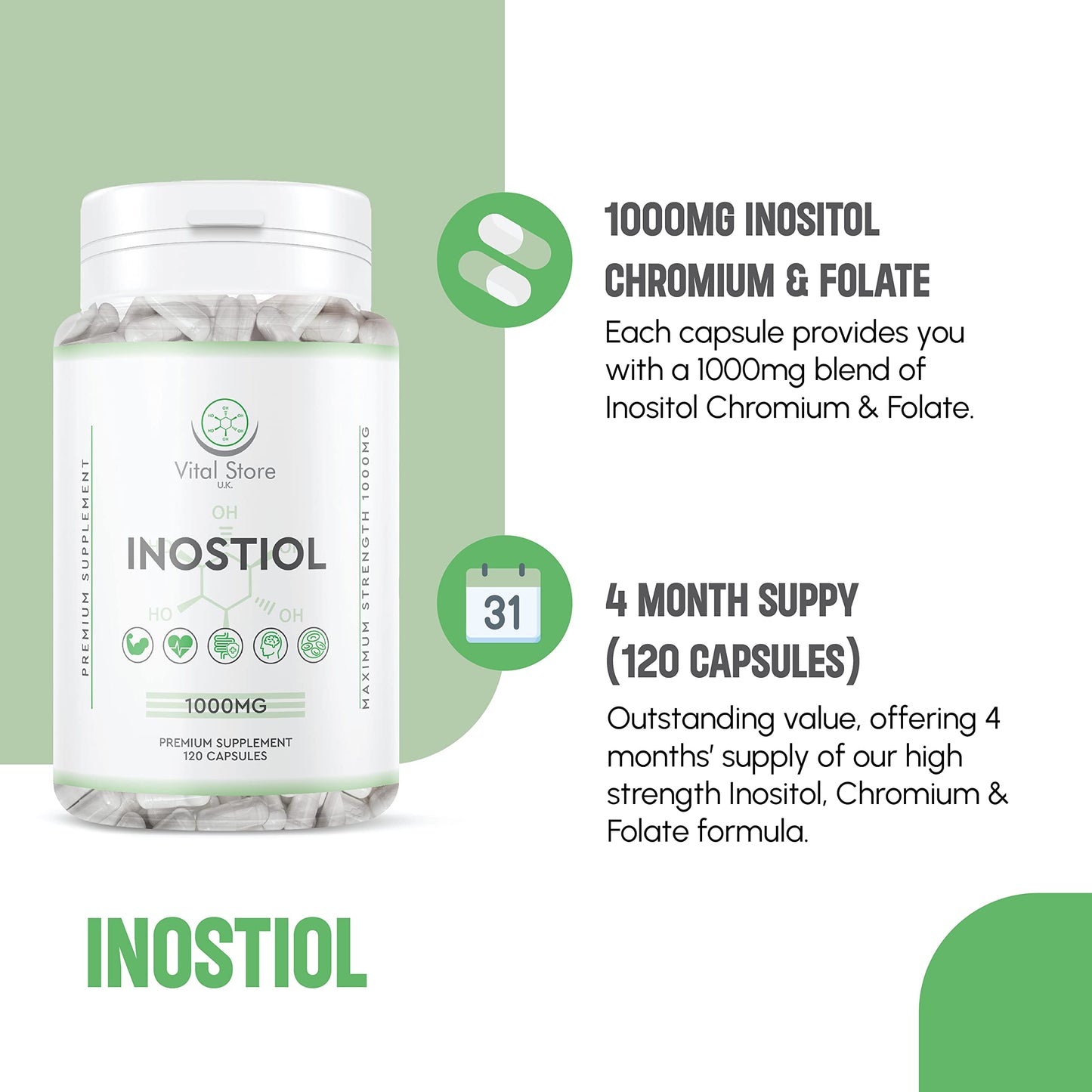 Inositol with Chromium & Folate 1000mg Vegan Capsules -120 Days Supply 4 Months - Vitamin b8 Vegan High Strength - UK Manufactured