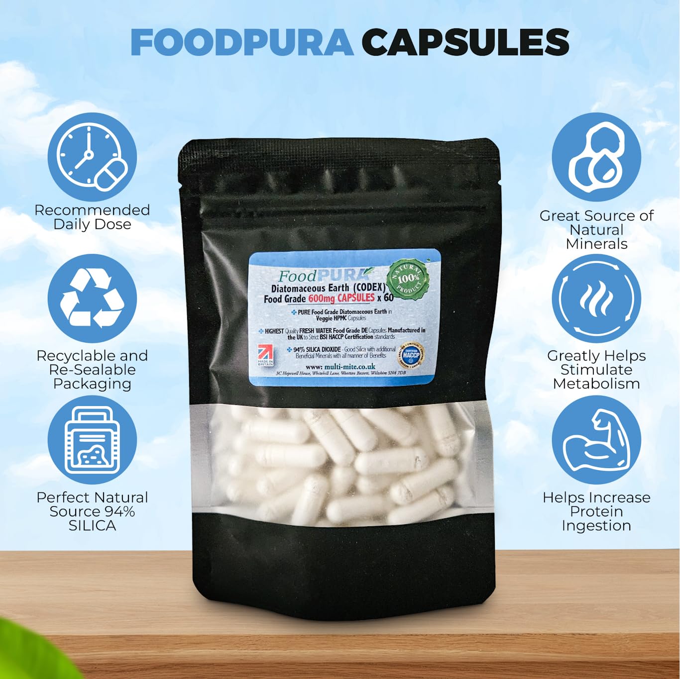 FoodPURA Food Grade Diatomaceous Earth Capsules (Codex) Pure White 94% Silica Fresh Water Sourced 600mg (60)