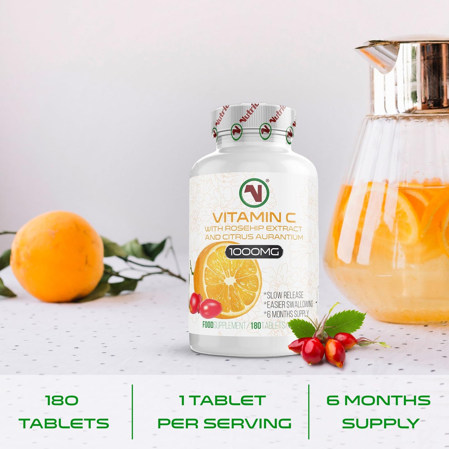 Nutriodol Vitamin C with Rosehip & Bioflavonoids 180 Tablets | 1000mg Easy to Swallow Tablets | Slow Release | Contributes to The Normal Function of The Immune System.