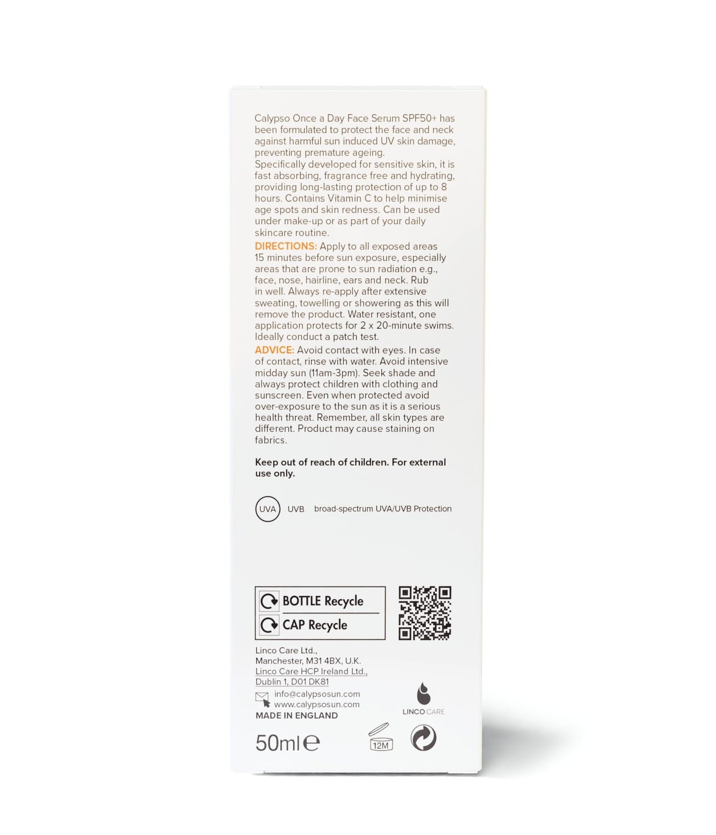 Calypso Once a Day Serum SPF50+, Serum with Vitamin C for Face and Neck, for Sensitive Skin. Very High Sun Protection. UVA + UVB Primer.
