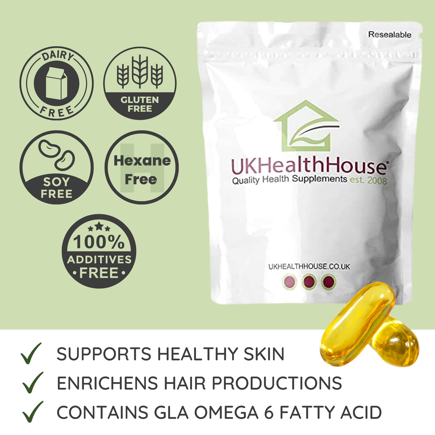 UKHealthHouse Evening Primrose Oil – EPO Capsules, 1000mg x 60 Softgels – High Strength Omega 6 GLA Content – Great for Skin, Immune System, Hormonal Pain, Hot Flushes & Women’s Health