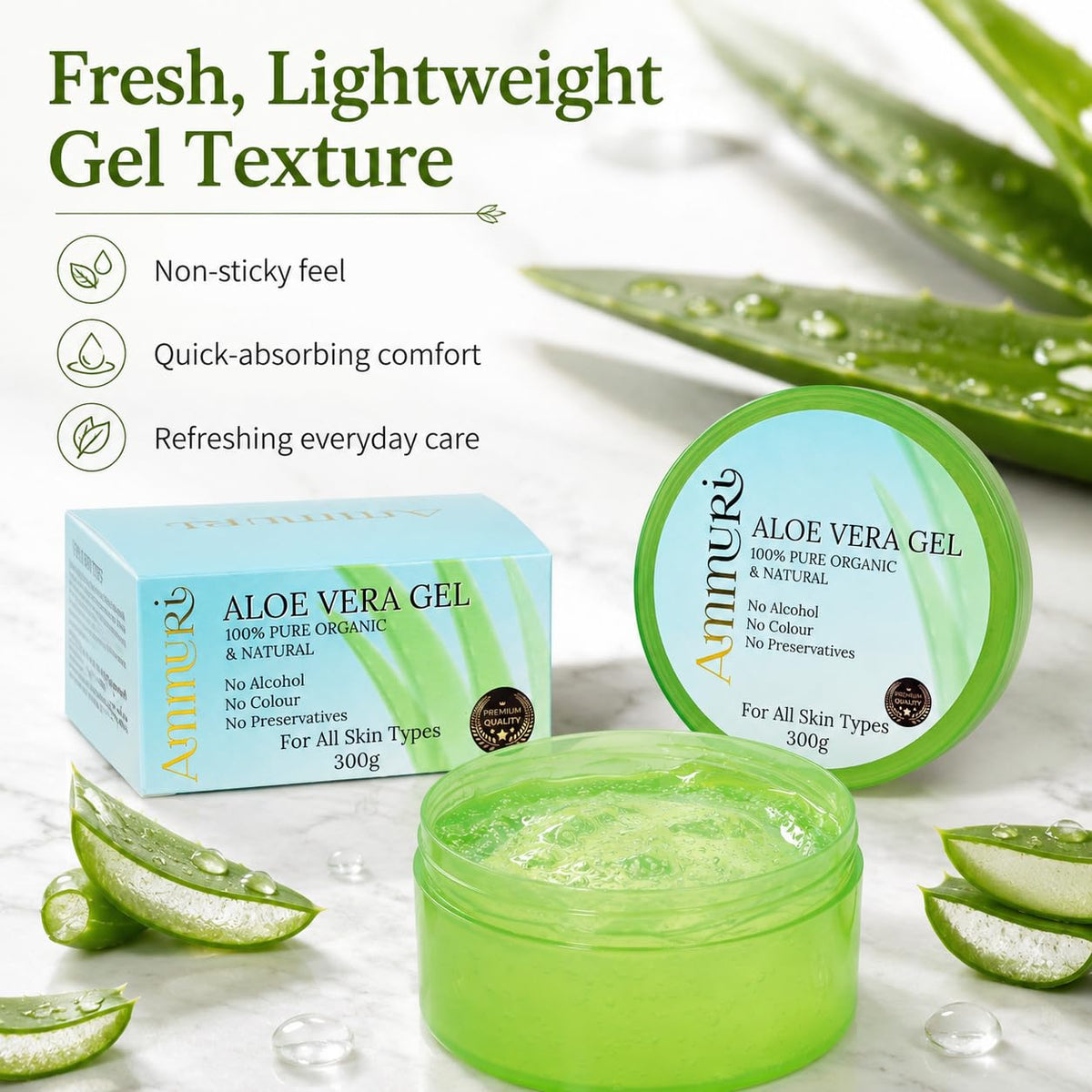 Ammuri Organic Aloe Vera Gel 300ml – 100% Pure Natural Cooling Moisturiser for Face, Hair & Body | Hydrating After Sun Lotion for Dry Skin | Non-Sticky Soothing Gel, Vegan & Cruelty-Free