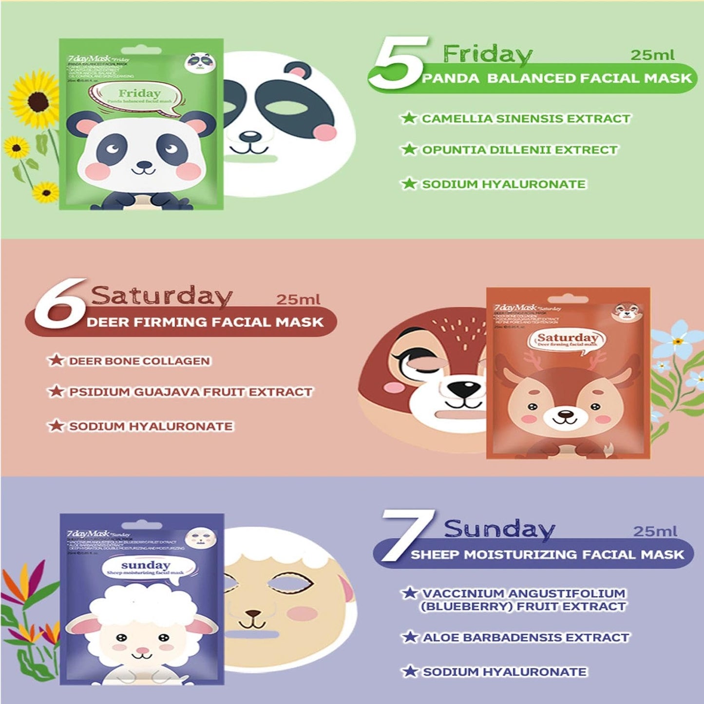 AurolaGlow Animal Printed Sheet Face Masks Set - 7Pcs Hydrating Masks for Women And Girls, Moisturizing, Skincare for All Skin Types - Fun Gift Set