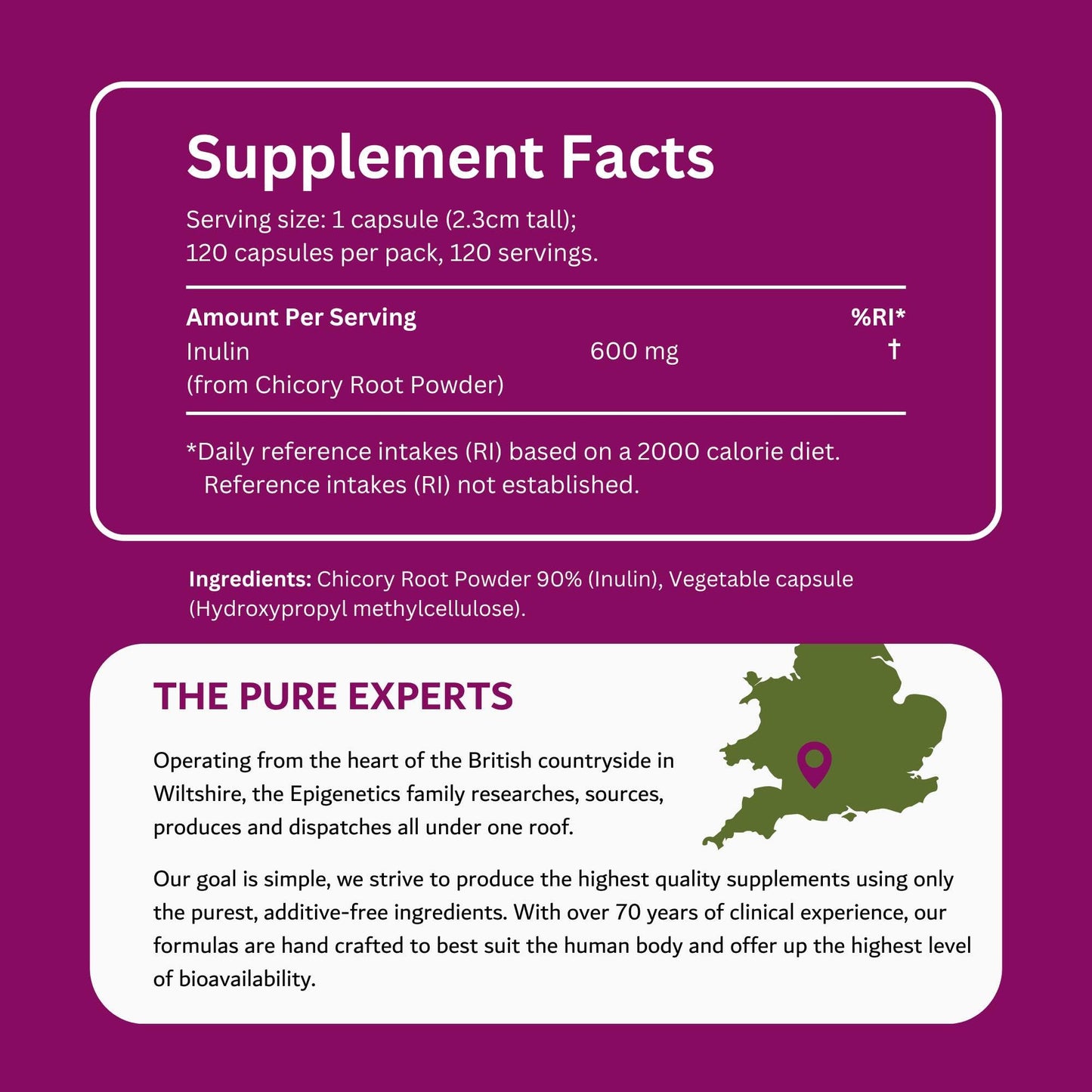 Epigenetics Inulin Fibre Supplement from Chicory Root | 120 Capsules | Prebiotic Gut Health Supplements | Increase Fibre Intake & Support Digestion | Vegan Friendly UK Made | 1 Capsule Daily 4 Months Supply