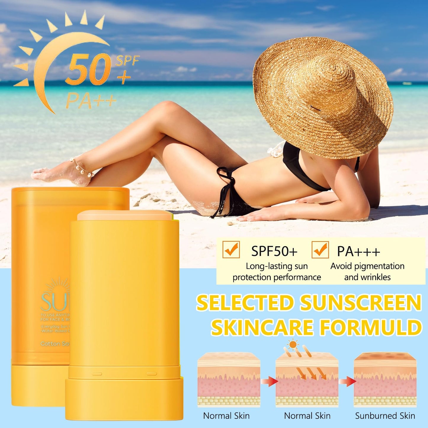Wormeer Sunscreen Stick SPF 50+ for Face & Body, Invisible Sun Screen SPF 50 Face Stick, Semi-Matte Sun Cream, Water Resistant & Non-Greasy, 16g – For Women