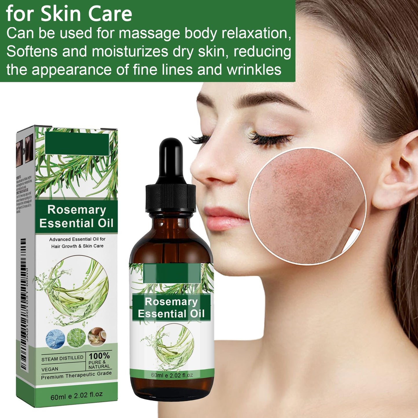 AmiCera Rosemary Oil for Hair Growth, Organic Pure Rosemary Essential Oil, with Derma Roller for Hair, Hair Strengthening for Men Women, Scalp Massage & Nourish, Eyebrow Eyelash Growth Oils, 60ml, 2 Brushes