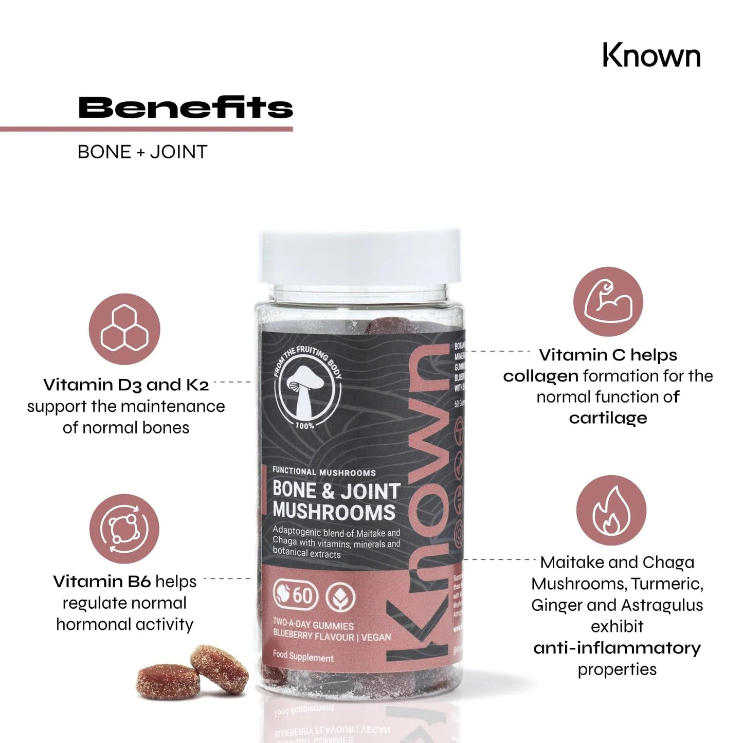 Known Bone & Joint Support Mushrooms Gummies with Maitake, Chaga, Vitamin D3 & K2 | Delicious Natural Blueberry Flavour | 60 Two-a-Day Vegan Gummies (One Month’s Supply)