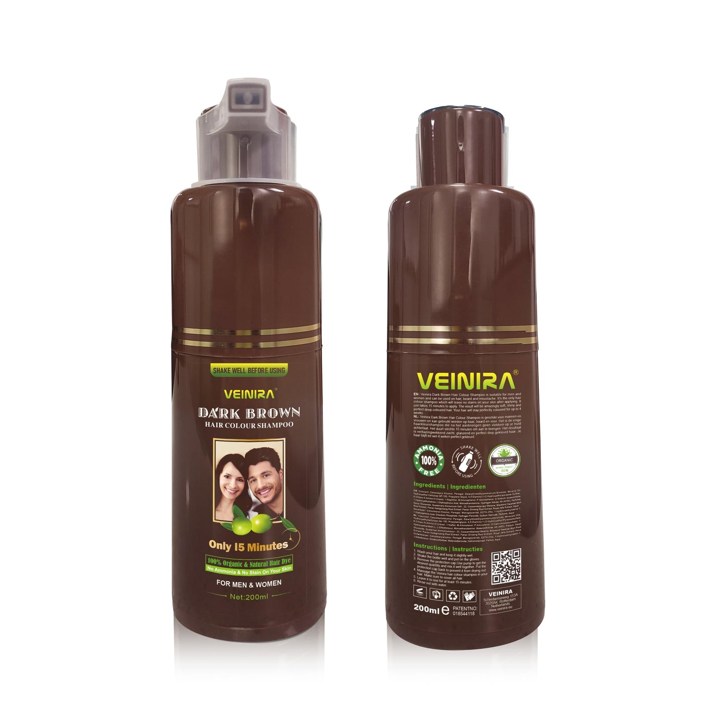 "VEINIRA Herbal Quick Hair Colour Shampoo: Effortless Instant Dye for Men and Women, 100% Natural Ingredients, No Ammonia, No Skin Stains, Speedy Application - 200ml (Dark brown)