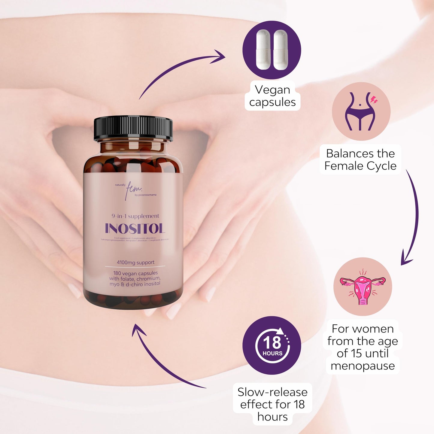 Inositol Myo & D-Chiro PCOS 4100MG Vegan Capsules, Hormonal Balance, Fertility Supplement, Preconception, Pregnancy & Ovarian Support, 9-in-1 Inositol, Folate 5-MTHF, Chromium, Zinc, VIT B6, B12 & D3