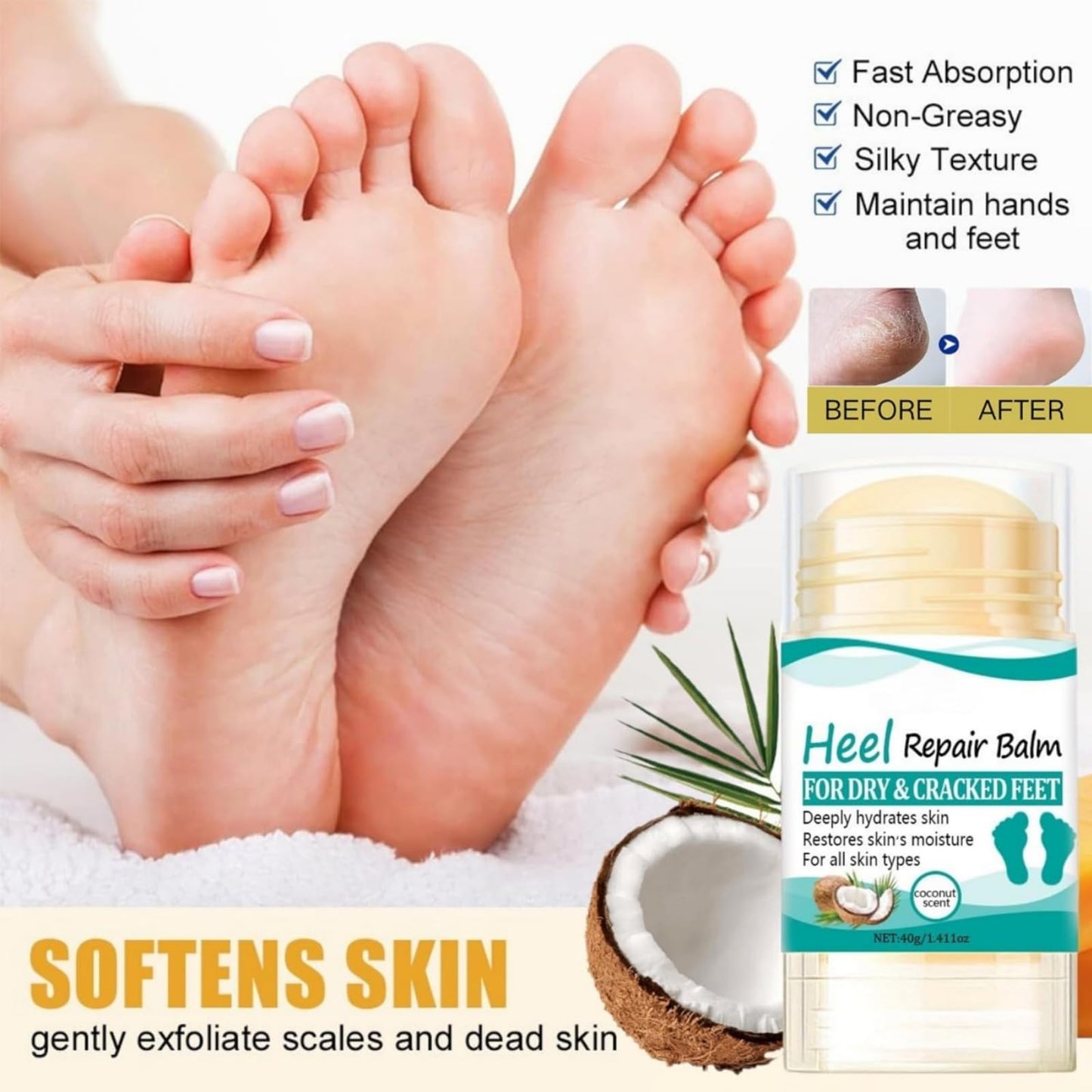 Yoowan Coconut Heel Balm Stick,Foot Cream for Very Dry Feet,Cracked Heel Repair Cream,Foot Moisturiser,Fo-Ot Cre-Am For Hard Skin,Softening & Removing Hard Skin,Deep Moisturizing,For Body Hands&Feet Knees