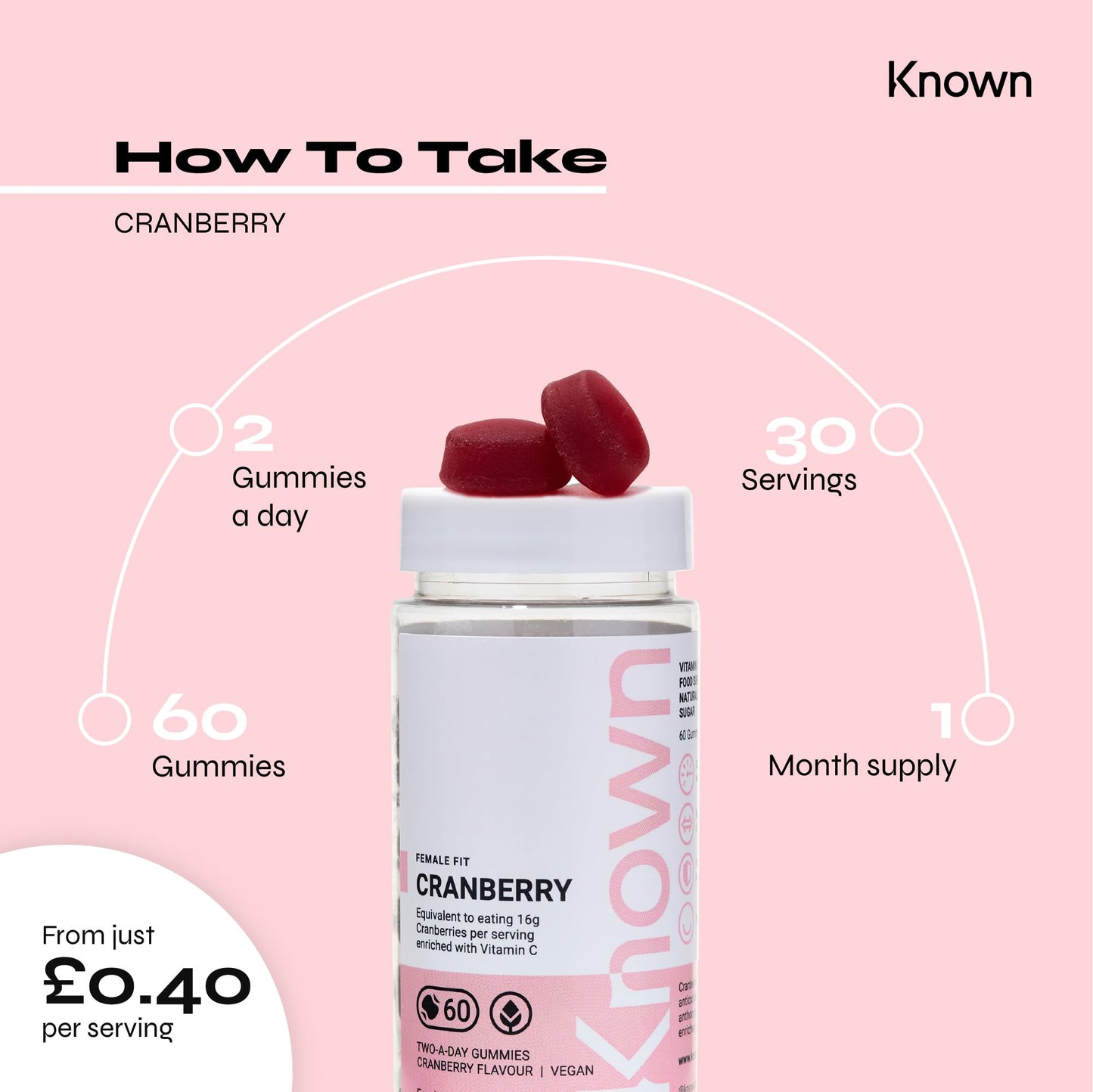Vegan Cranberry Gummies by Known Nutrition | Natural Cranberry Support | Delicious Natural Cranberry Flavour | 60 Two-a-Day Vegan Vitamin Gummies (One Month’s Supply)