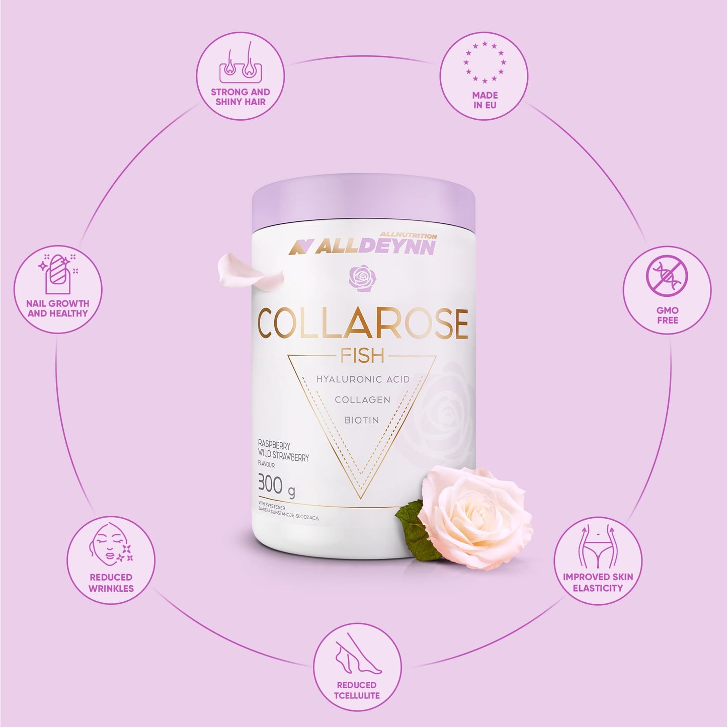 ALLDEYNN Collarose Fish Collagen Powder - Fish Collagen Hydrolysate with Hyaluronic Acid, Biotin - Anti Aging Skin Treatment - Hair Supplements - 300g - Orange