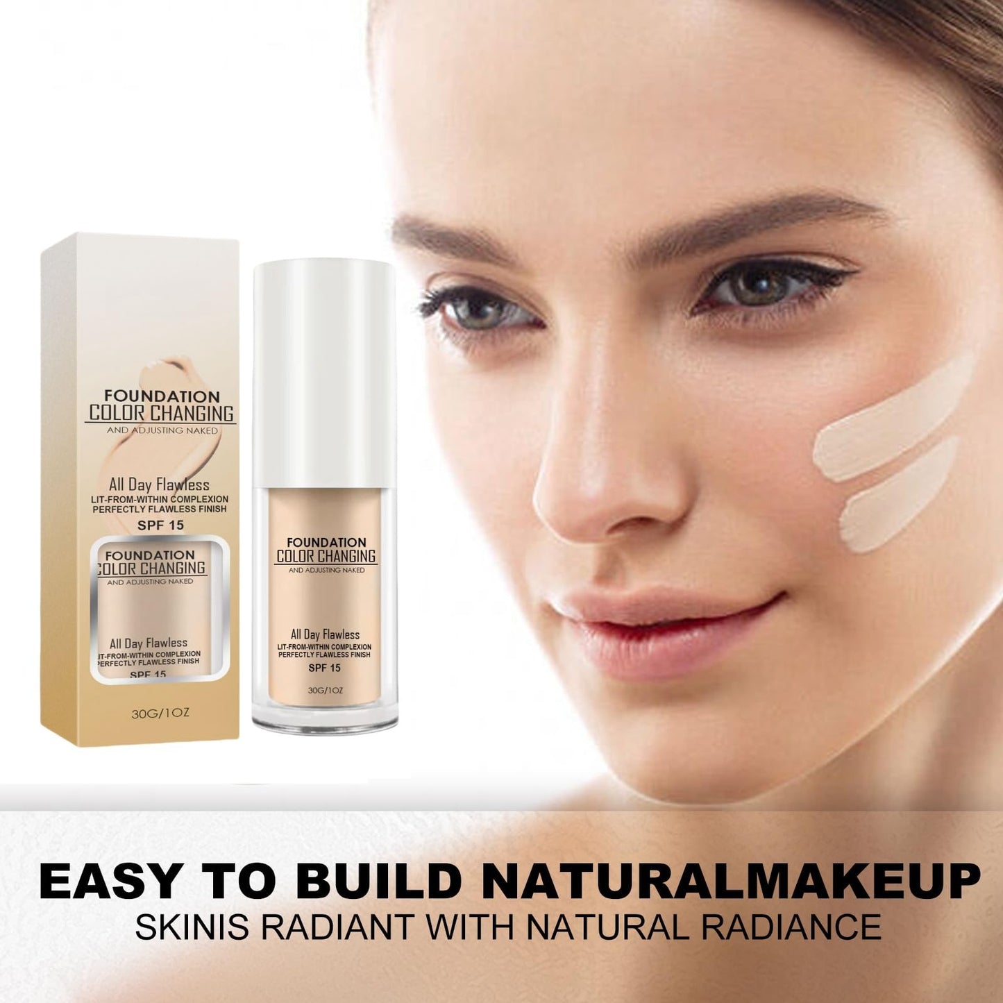 HIVETZ Flawless Colour Changing Foundation Makeup,SPF 15 Warm Skin Tone Foundation,Liquid Foundation Makeup,Waterproof Foundation for Mature Skin,Long Lasting Face Moisturizing Liquid Cover Concealer