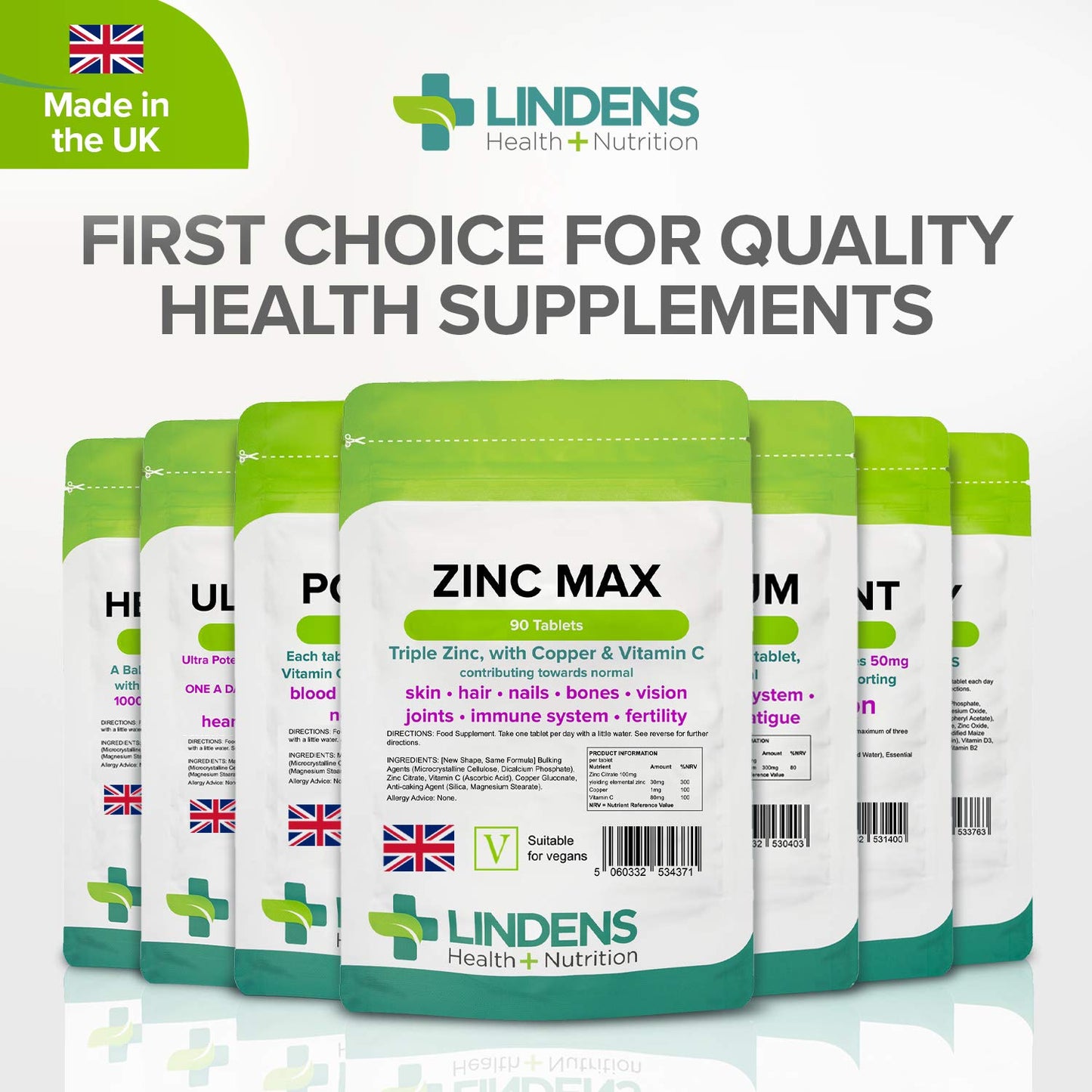 Lindens Zinc Max Tablets - 90 Pack - Provides 300% Nrv Dose, Fortified with Vitamin C & Copper to Contribute Towards Healthy Hair, Skin, Nails, Vision & Hormone Balance - UK Made, Letterbox Friendly