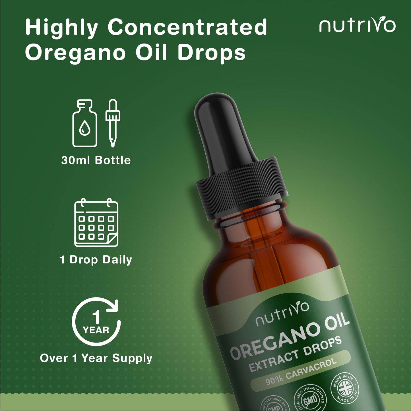 Oregano Oil Drops - 90% Carvacrol | 30ml Bottle - Over 1 Year Supply | Pure Wild Oregano Oil for Immune Support, Digestive Health & Natural Wellness | Pure and Potent Oil of Oregano