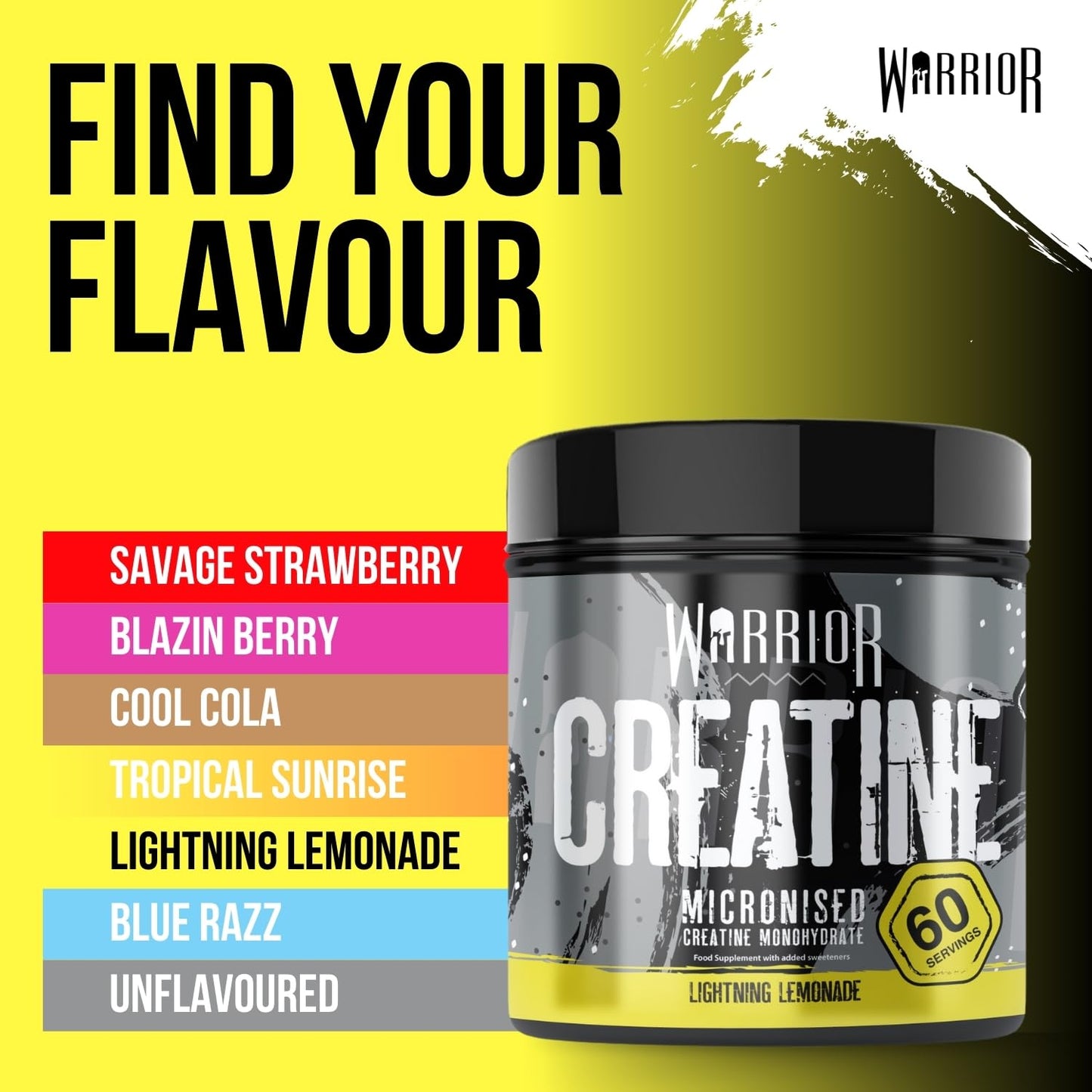 Warrior Creatine Monohydrate Powder 300g – Micronised – Proven to Improve Physical Performance and Recovery, 5g Servings (Lightning Lemonade)