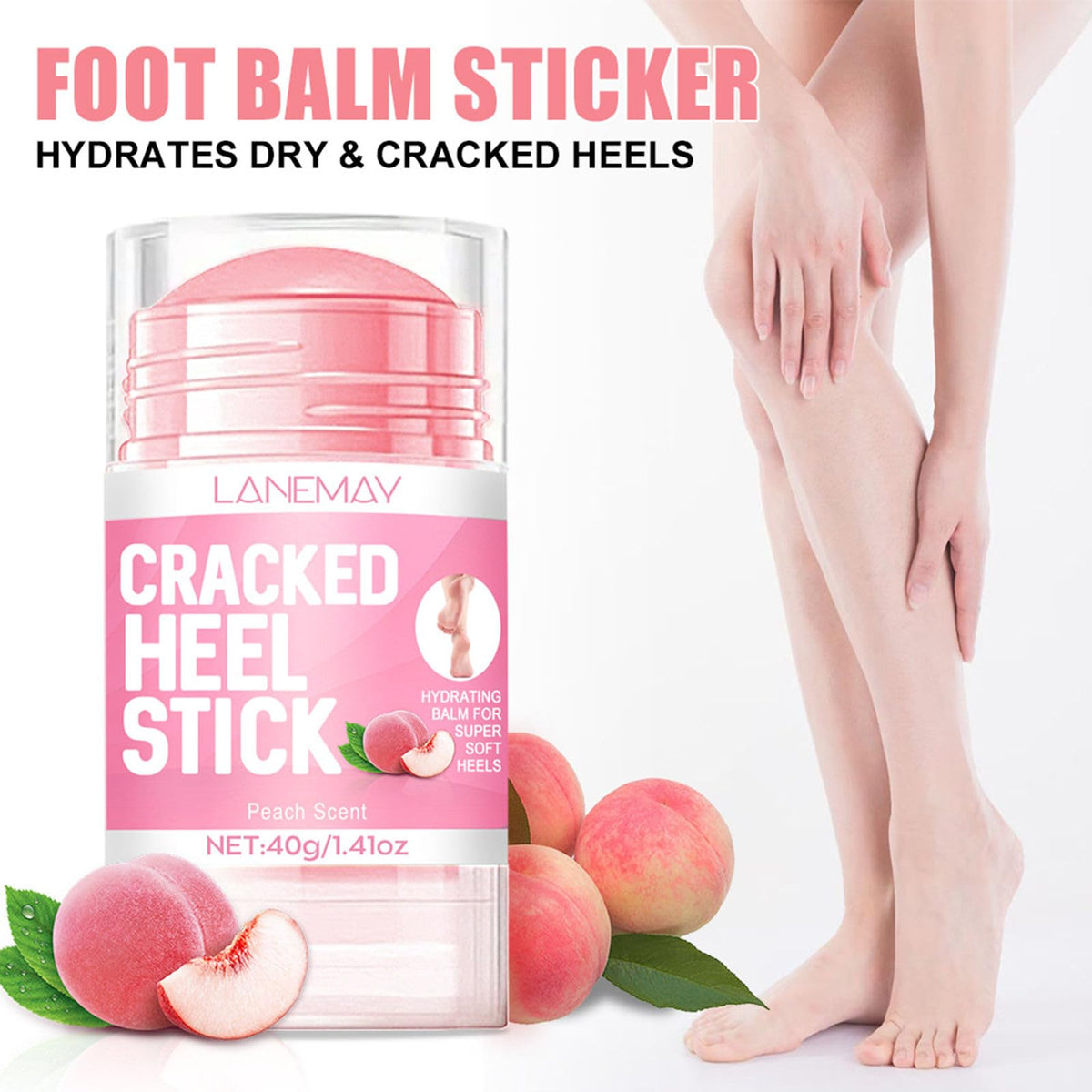 QIEEUMIN Cracked Heel Repair Stick Foot Cream with Peach Scent Heel Balm Stick Peach Foot Moisturiser Cream for Dry Cracked Feet Knees Hands Elbows Foot Care for Men and Women 40g