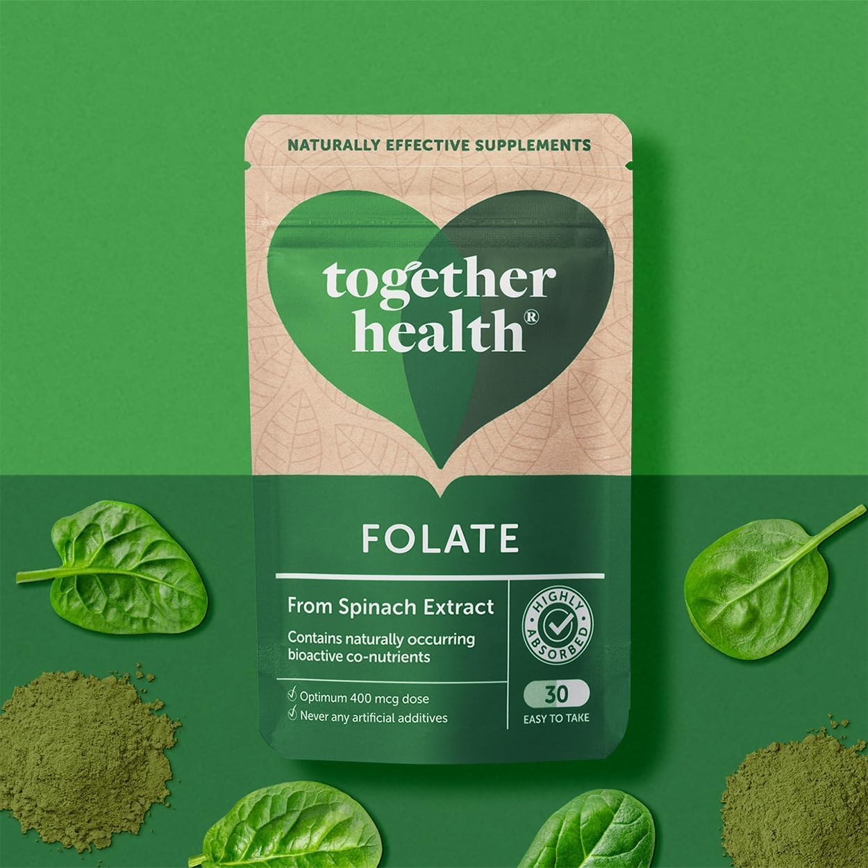 Folate from Spinach | Natural Alternative to Folic Acid | 400 mcg | Contains 5-MTHF | Vegan | Made in The UK | 30 Capsules | Together Health