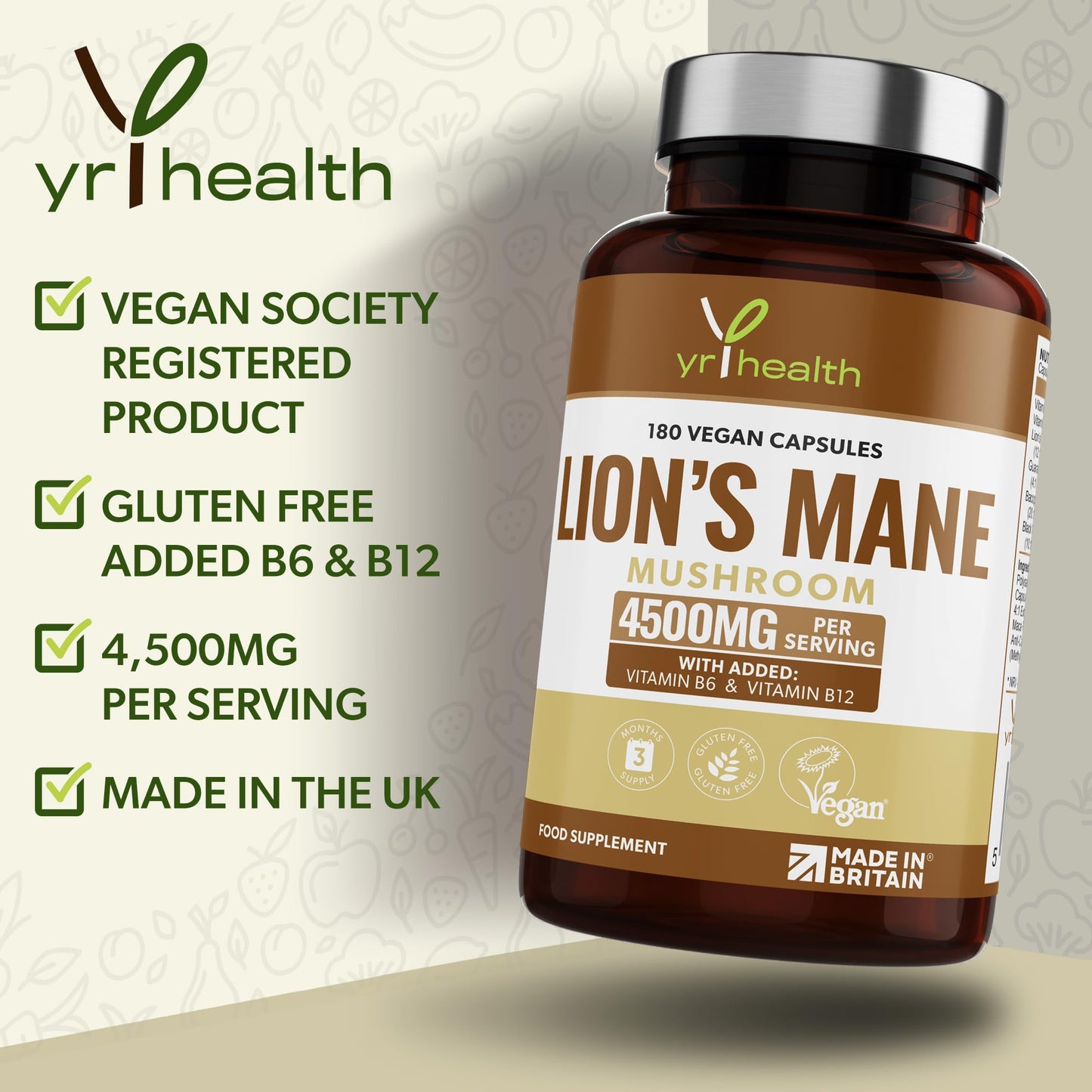 yrhealth Lion's Mane Mushroom Supplement 4500mg - 180 Vegan Capsules with Added Vitamin B6 & B12, Supports Immune System & Promotes Digestive Health - 3 Months Supply - Made in The UK by YrHealth