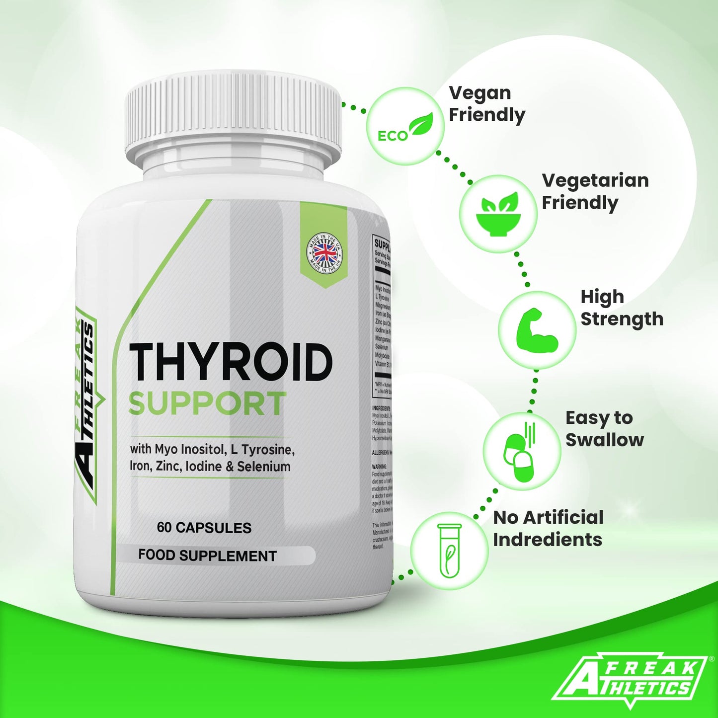 Freak Athletics Thyroid Support Supplement - 60 Capsules - Includes Myo inositol, L-Tyrosine, Iron, Magnesium, Zinc, Manganese, Selenium, Vitamin B12 - Contributes to The Reduction of Tiredness & Fatigue