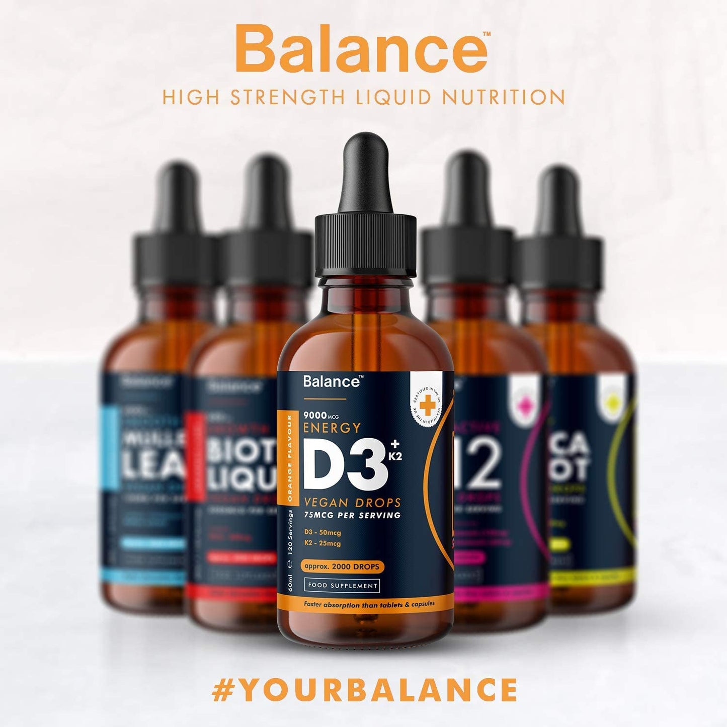 Vitamin D3 + K2 Liquid Drops - Vegan - High Strength 2000iu D3 + 25mcg K2-2 Month Supply - 120 Servings - 9,000mcg 60ml Dropper Bottle - Sublingual for Fast Absorption - Made in UK by Balance