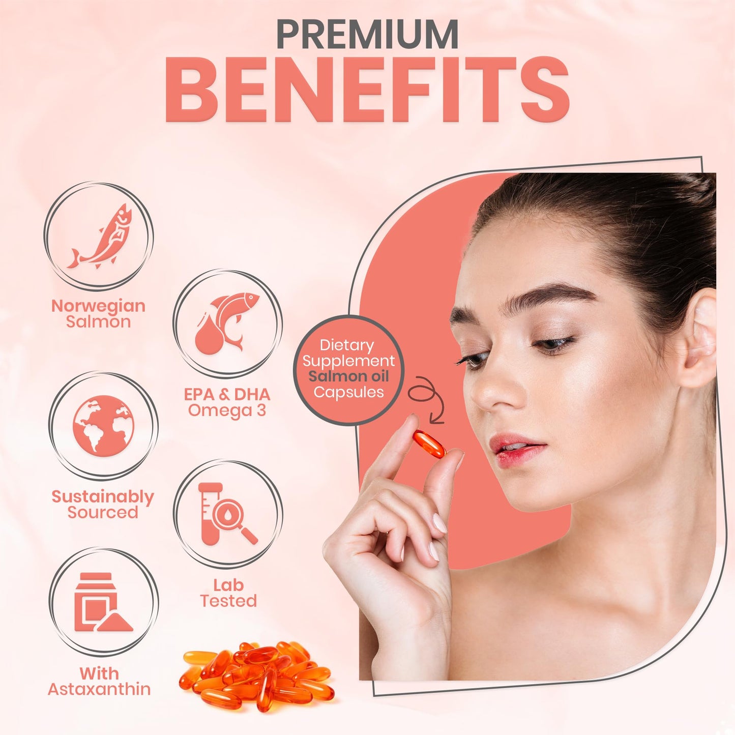 Norwegian Salmon Oil with Astaxanthin 1000mg - 4 Months / 120 Days Supply - Omega 3 6 9 Capsules High Strength - Rich in EPA, DHA & DPA, Burpless Taste