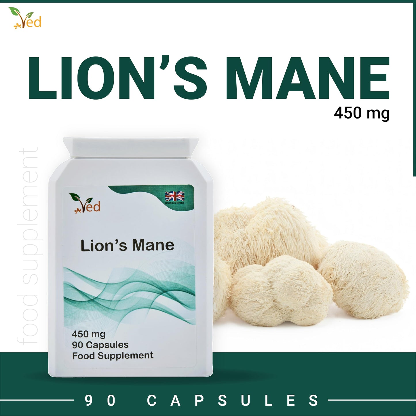 VED Ved Lion’s Mane Supplement 450mg, Lion's Mane Mushroom 15:1 Extract 90 Capsule (3 Months Supply)