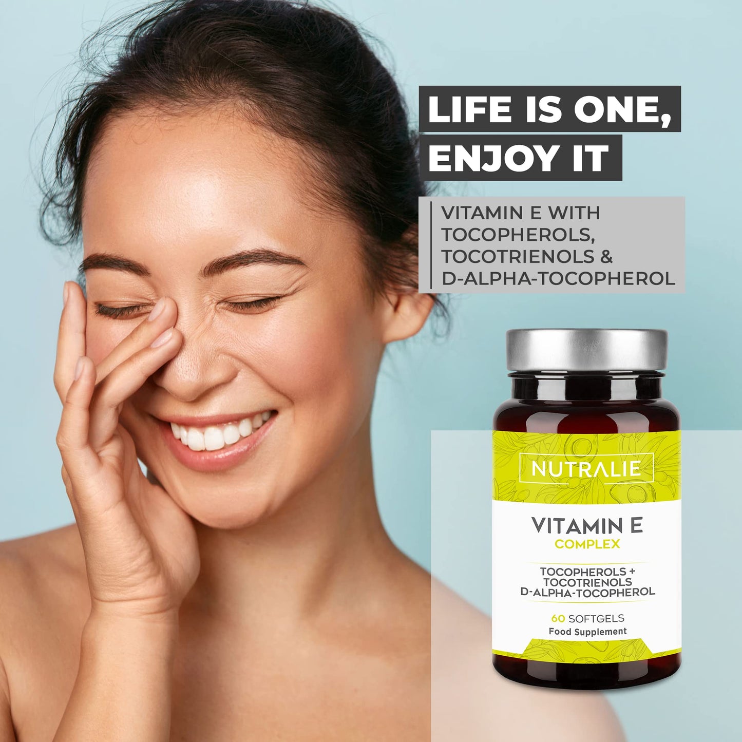 NUTRALIE Vitamin E Natural Source and Maximum Absorption | High Strength Antioxidant Cell Protection with 8 Molecules of Tocopherols and Tocotrienols | 60 Softgel Capsules Nutralie
