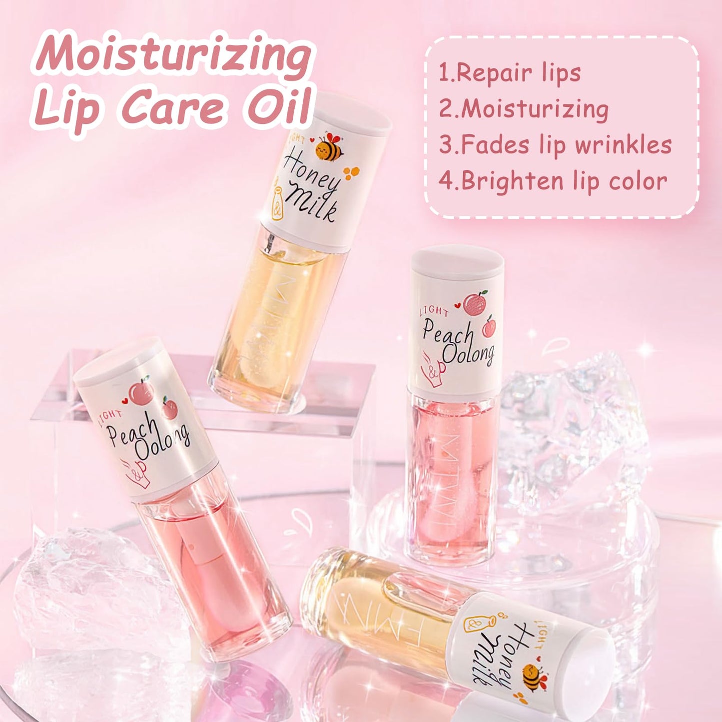 Leogony 2PCS Hydrating Jelly Cute Lip Glow Oil, Plumping Honey & Peach Lip Gloss, Moisturizing Fat Oils Lip Drip Set