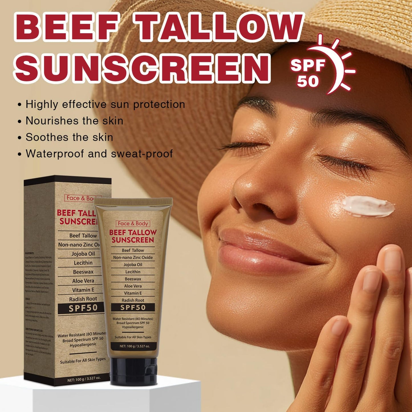 MEITREND Beef Tallow Sunscreen SPF 50,Non Nano Zinc Oxide Sunscreen for Face & Body,Natural Mineral and Tallow Sunscree-n ,UVA/UVB Protection,Zinc Oxide & Beef Tallo-w Sunblock Cream for Outdoor & Beach